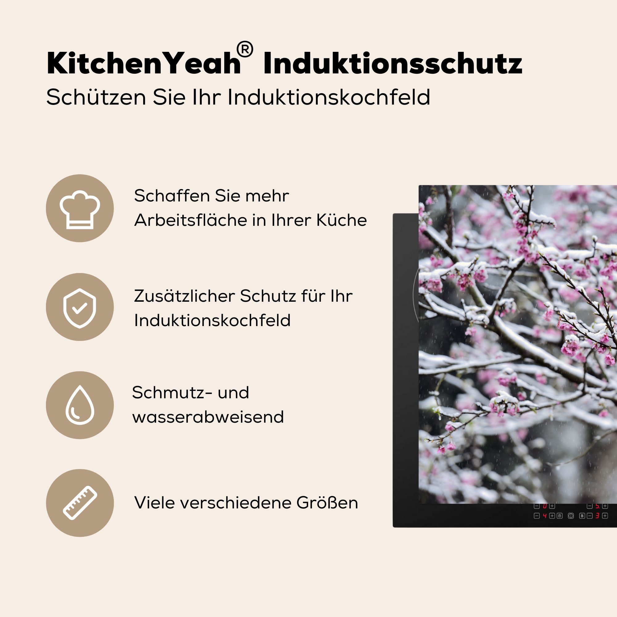 Induktionskochfeld die MuchoWow für küche, 81x52 Gefroren, Ceranfeldabdeckung (1 Schnee cm, tlg), Schutz - Herdblende-/Abdeckplatte - Vinyl, Blüte