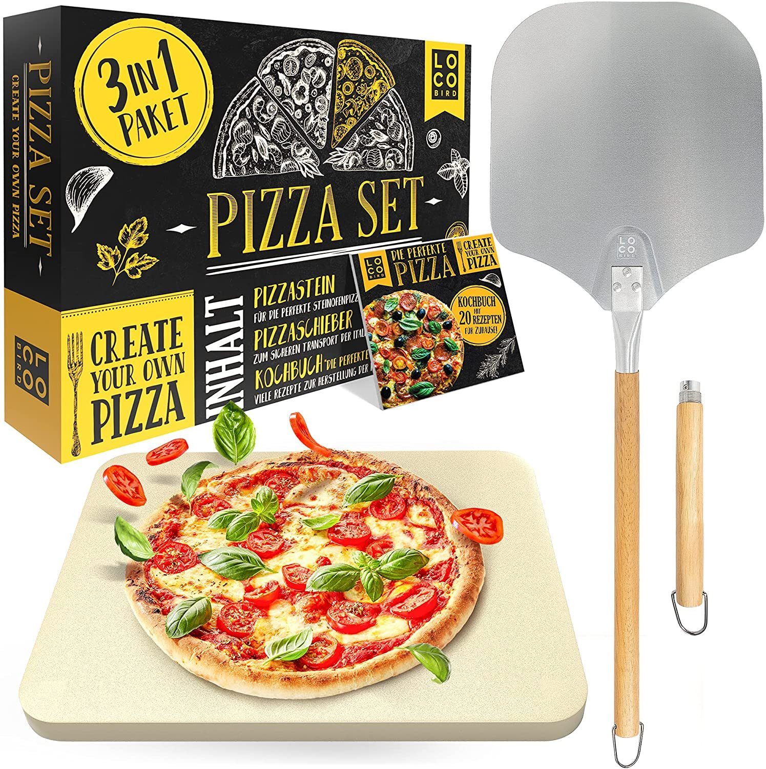 Loco Bird eine Geschmack rechteckig authentischer und Pizza Pizzastein wie inkl. Pizzaschieber Gasgrill, aus für für (Set, 3-St., Backofen für Rezeptbuch), Italien: Cordierit, & Cordierit, in Zuhause