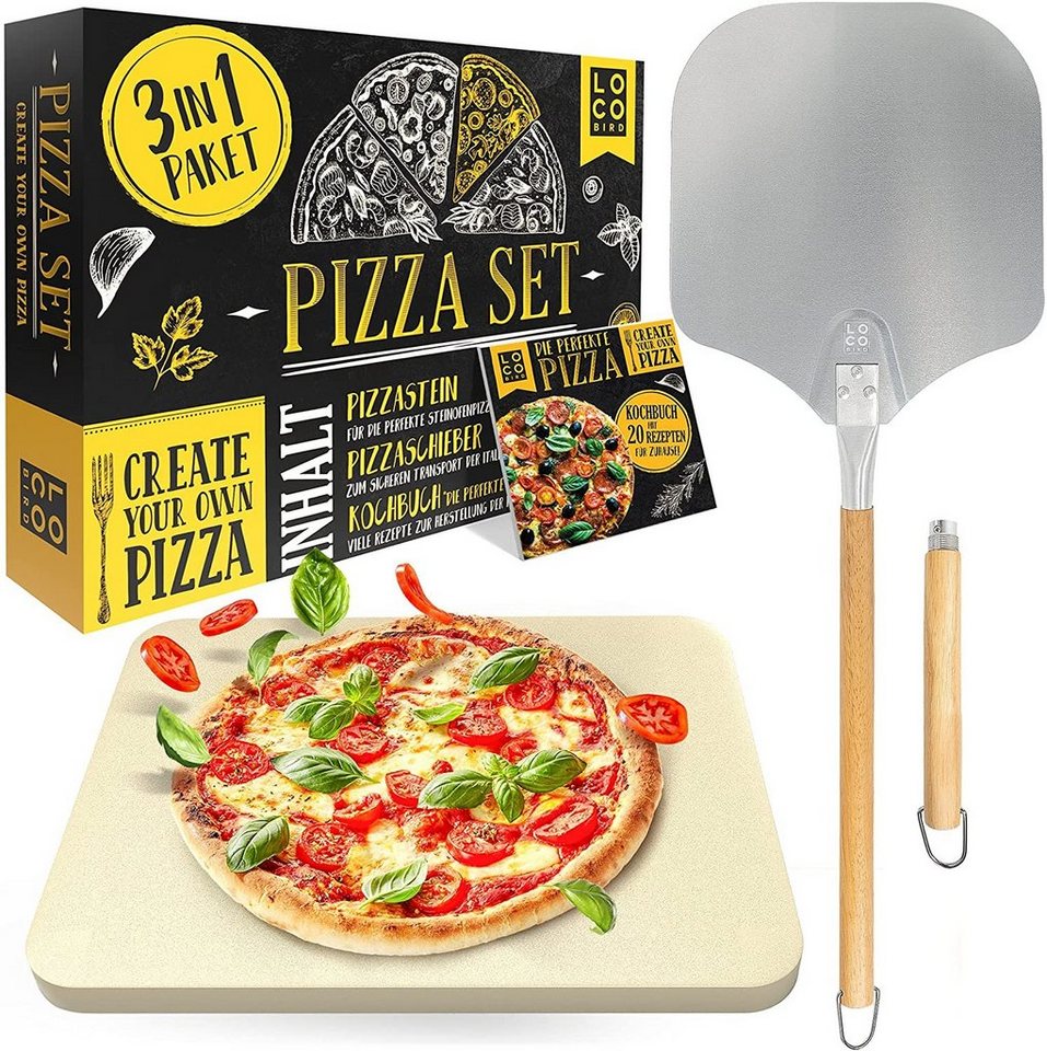 Loco Bird Pizzastein für Backofen & Gasgrill, rechteckig aus Cordierit, Cordierit, (Set, 3-St., inkl. Pizzaschieber und Rezeptbuch), für eine Pizza wie in Italien: authentischer Geschmack für Zuhause