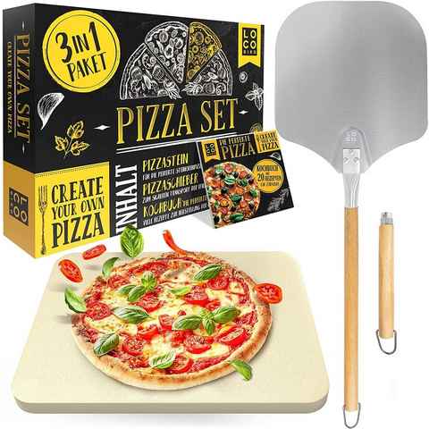 Loco Bird Pizzastein für Backofen & Gasgrill, rechteckig aus Cordierit, Cordierit, (Set, 3-St., inkl. Pizzaschieber und Rezeptbuch), für eine Pizza wie in Italien: authentischer Geschmack für Zuhause