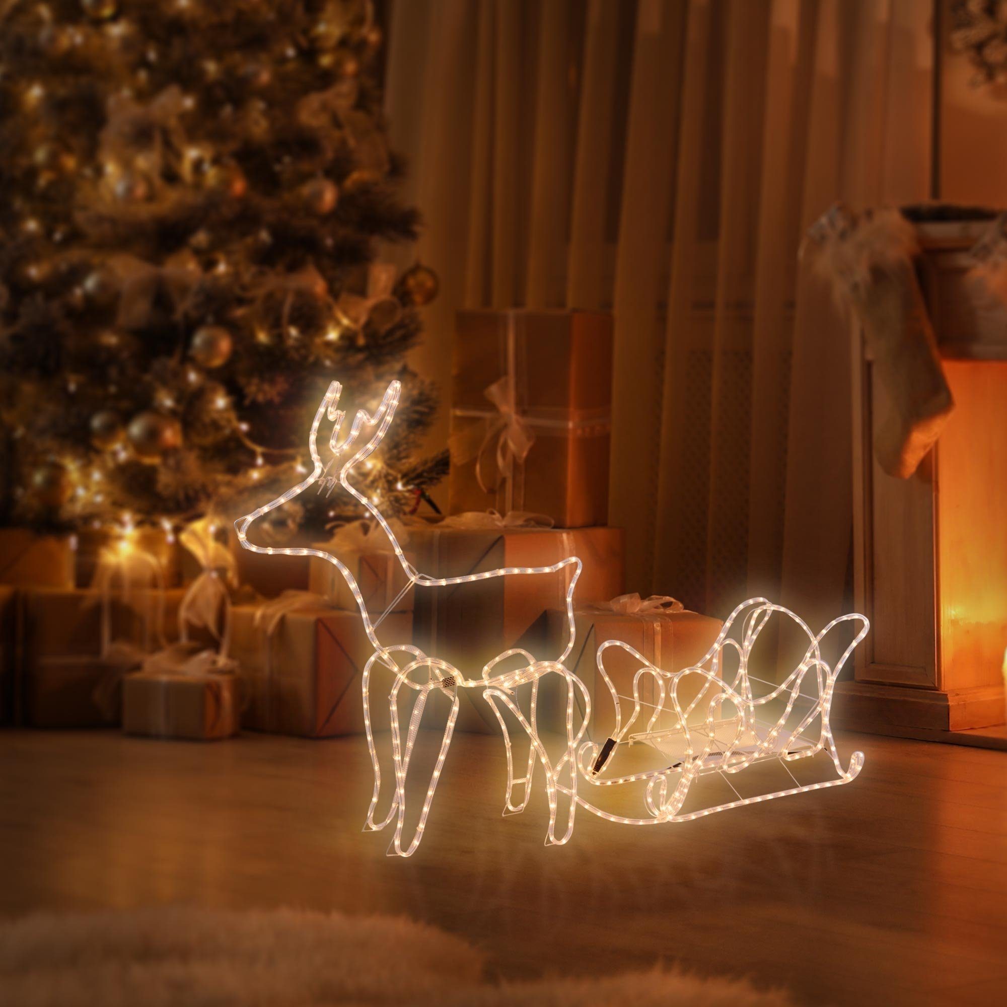 Ambiance ECD Germany LED-Dekofigur Rentier LEDs Schlauch 504 Dekoration PVC 273x77cm Innen/Außen Warmweiß Weihnachten Beleuchtet, mit Schlitten Figur