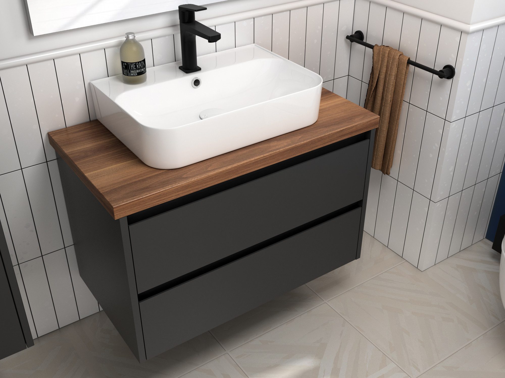 Aqua Bagno Badmöbel-Set Badschrank 80 cm anthrazit lackiert Waschbecken 2 Softclose Schubladen, (Badschrank vormontiert, 3-St., Badmöbelschrank mit Trägerplatte, Waschbecken), einfache Montage