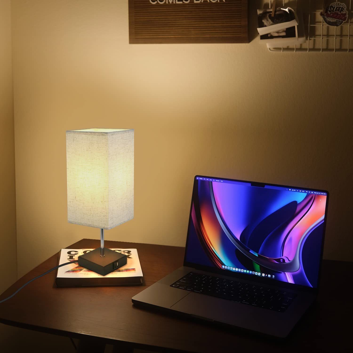Schlafzimmer mit kinderzimmer Bedside Vintage Nachttischleuchte USB, LED dimmbar Stoff Schwarz holz wechselbar, touch Ladefunktion Nachttischlampe Lampenschirm, für Nettlife 2er E27,
