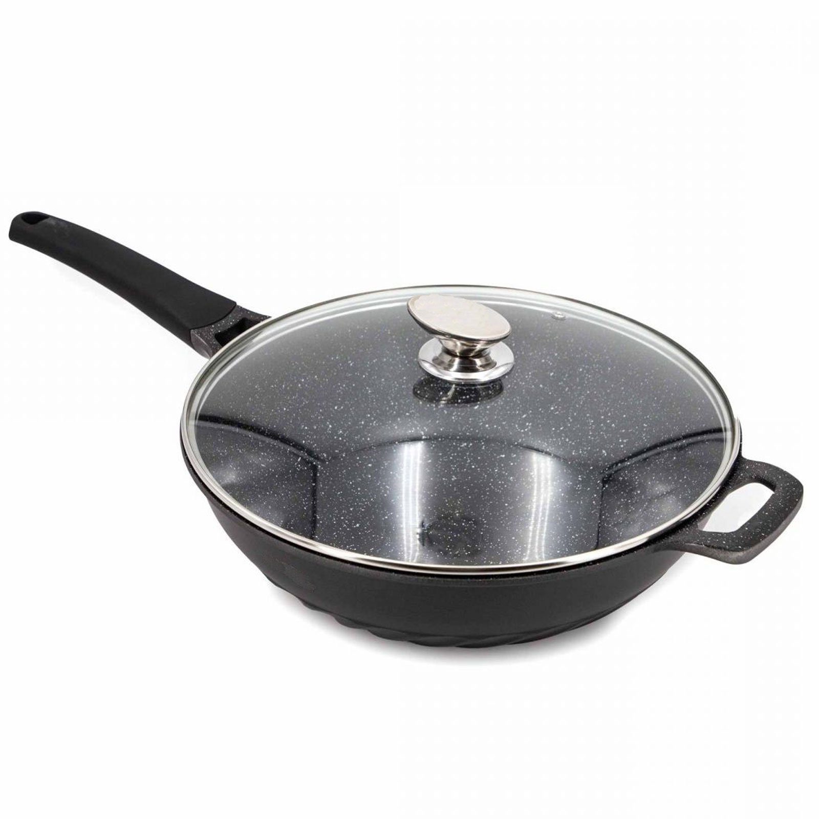 Cheffinger Wok Wokpfanne mit Glasdeckel Wok 32 cm Asia Induktion, Aluminiumguss, Induktion