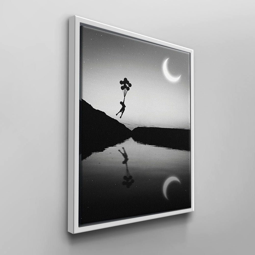 DOTCOMCANVAS® Leinwandbild Ballon Kid, Wandbild Kind Junge schwarzer schwarz wei Fluss Ballon fliegen Natur grau Mond Rahmen