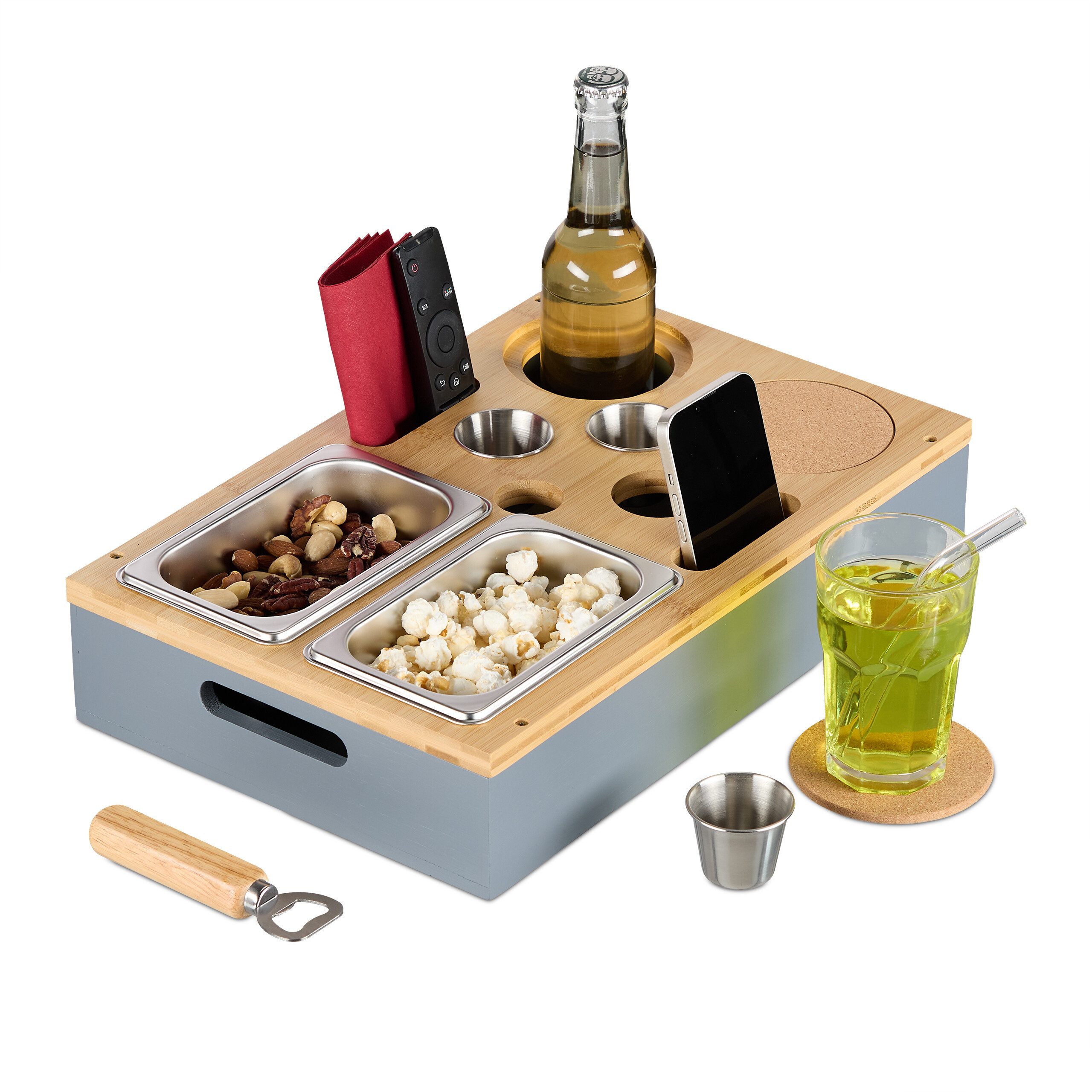 relaxdays Tabletttisch Couchbar mit Zubehör, Grau günstig online kaufen