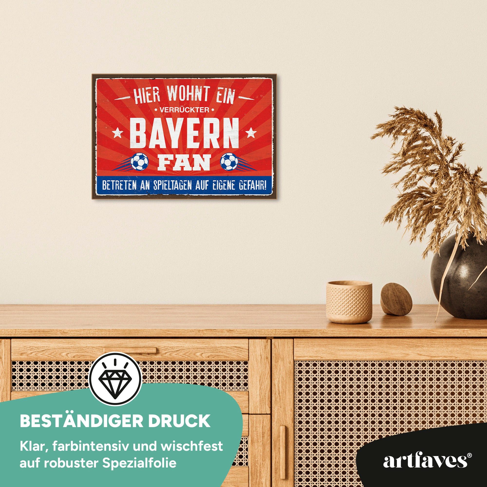 ARTFAVES Holzbild Schild mit Spruch - Hier wohnt ein verrückter BAYERN Fan - Fussball, M