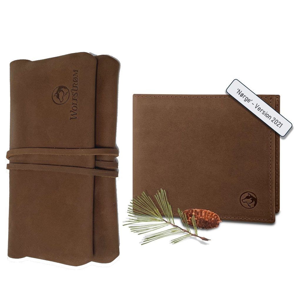 Wolfstrøm Tabakbeutel 'Bjørk' – Tabaktasche Leder – Dreher-Tasche mit Blättchen-/ Filterfach (Bjørk Set, HANDMADE in EUROPE, inkl. GIZEH Papers, inkl. Bänder (rot/orange), inkl. Geldbörse 'Nørge Classic'