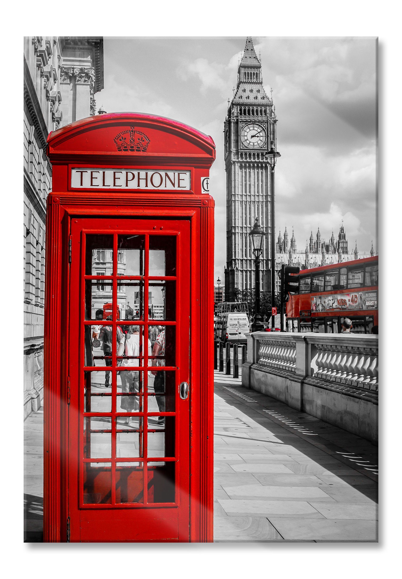 und London, aus Glasbild St), Glasbild London Telefonzelle Aufhängungen Echtglas, Abstandshalter Pixxprint (1 Telefonzelle inkl.