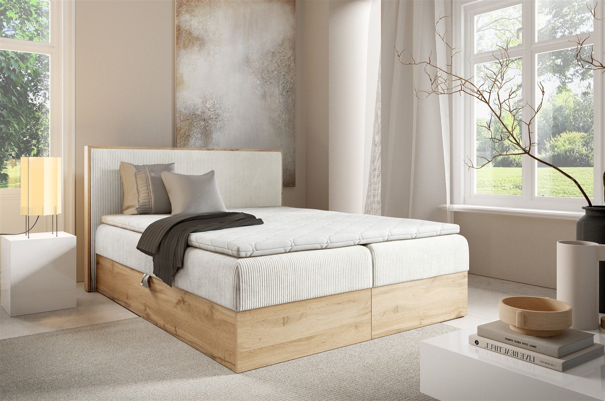 Fun Möbel Boxbett Bett Schlafzimmerbett ROLAND PREMIUM Überlänge in Stoff Lincoln (mit Taschenfederkernmatratze), inkl. Bettkästen