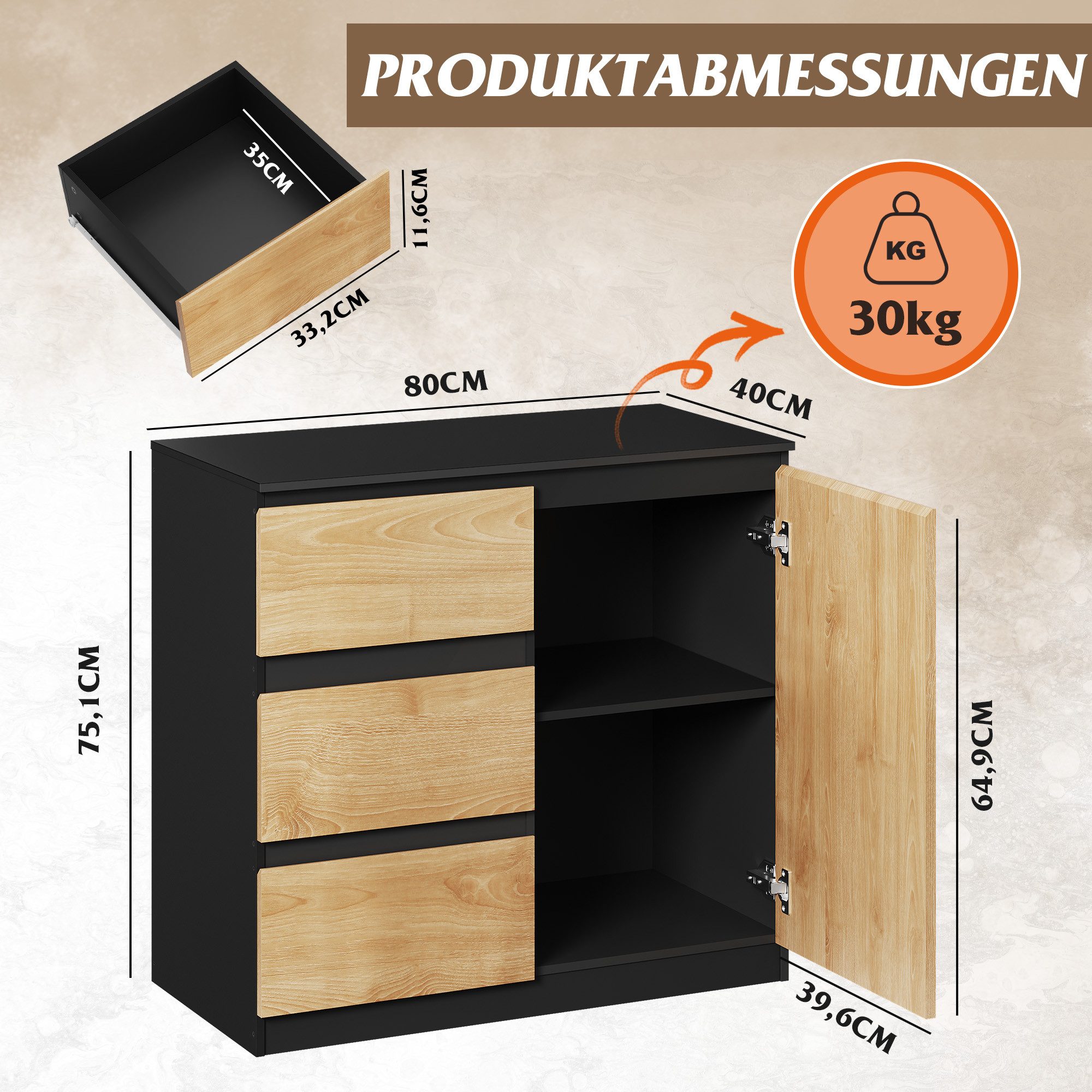 WLIVE Sideboard Kommode, Breite 80 cm, Sideboard mit 3 Schubladen & 1 Tür, (Packung, leise Schienen, viel Stauraum), Soft-Close-Funktion, Anrichte für Wohnzimmer & Flur, Schwarz+Eiche