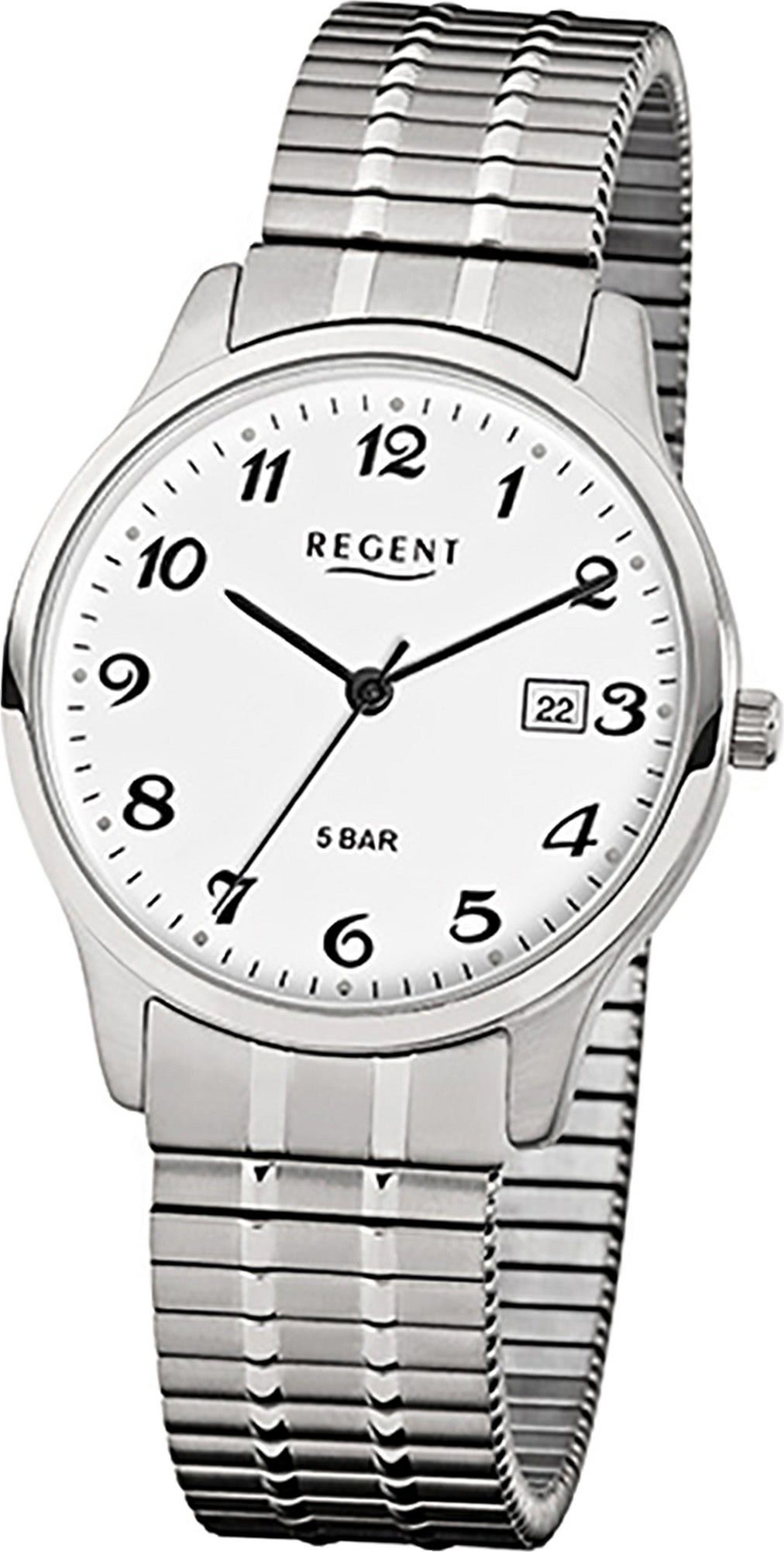 Regent Quarzuhr Regent Stahl Herren Uhr F-875 Quarzuhr, Herrenuhr rund, mittel (ca. 36mm), Metall, Edelstahlarmband, Elegant-S