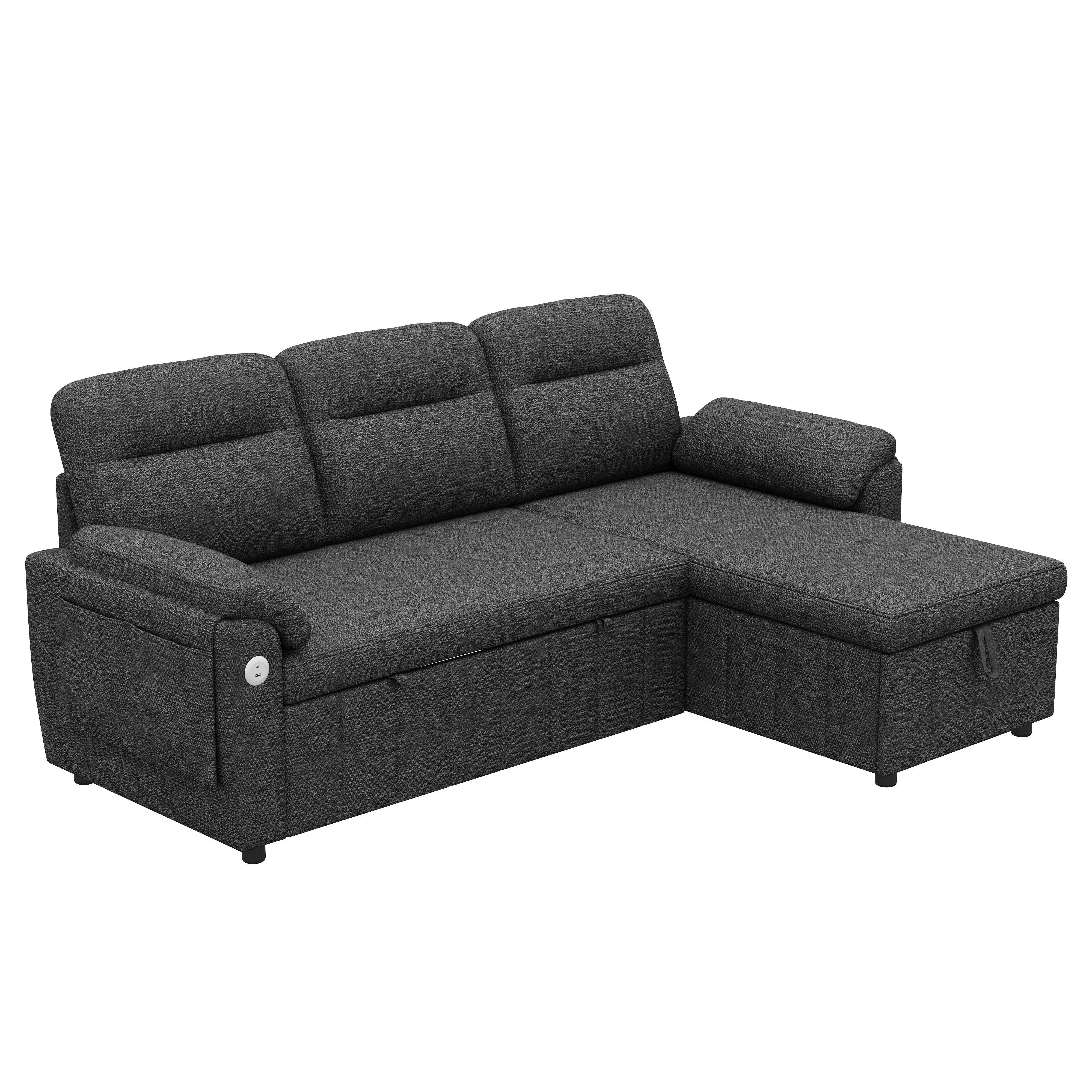 BlingBin Ecksofa L‑förmiges Ecksofa mit USB/Type‑C‑Panel & Ausziehbarer Schlaffunktion, Gesamtbelastbarkeit: 450kg, Stauraum im Longchair 1 Teile, Links/rechts Wechselbarer Chaiselongue, Chenillegewebe, Grau
