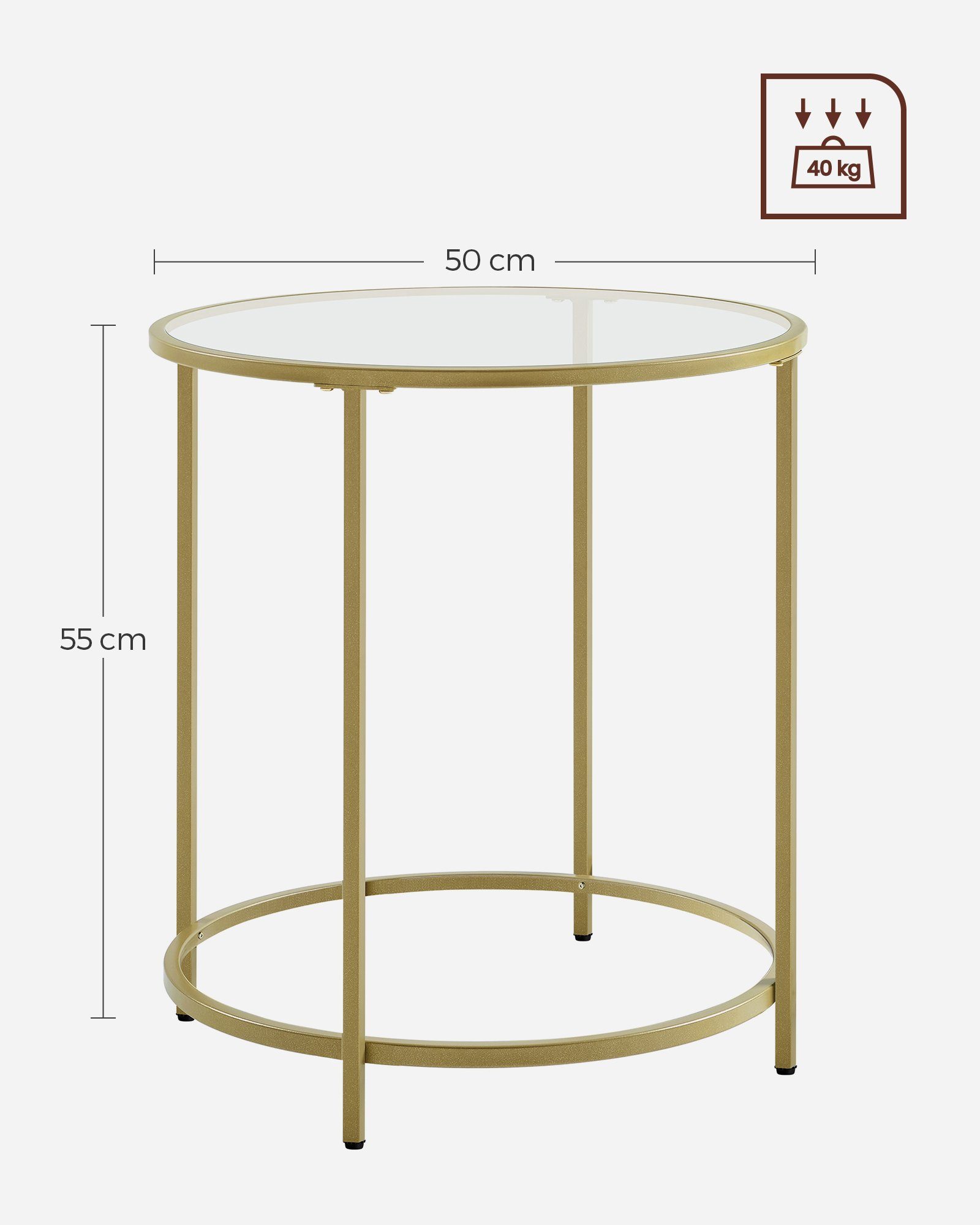 rund, robustes Hartglas, Glastisch, Beistelltisch, kleiner VASAGLE Gold 50 Ø cm