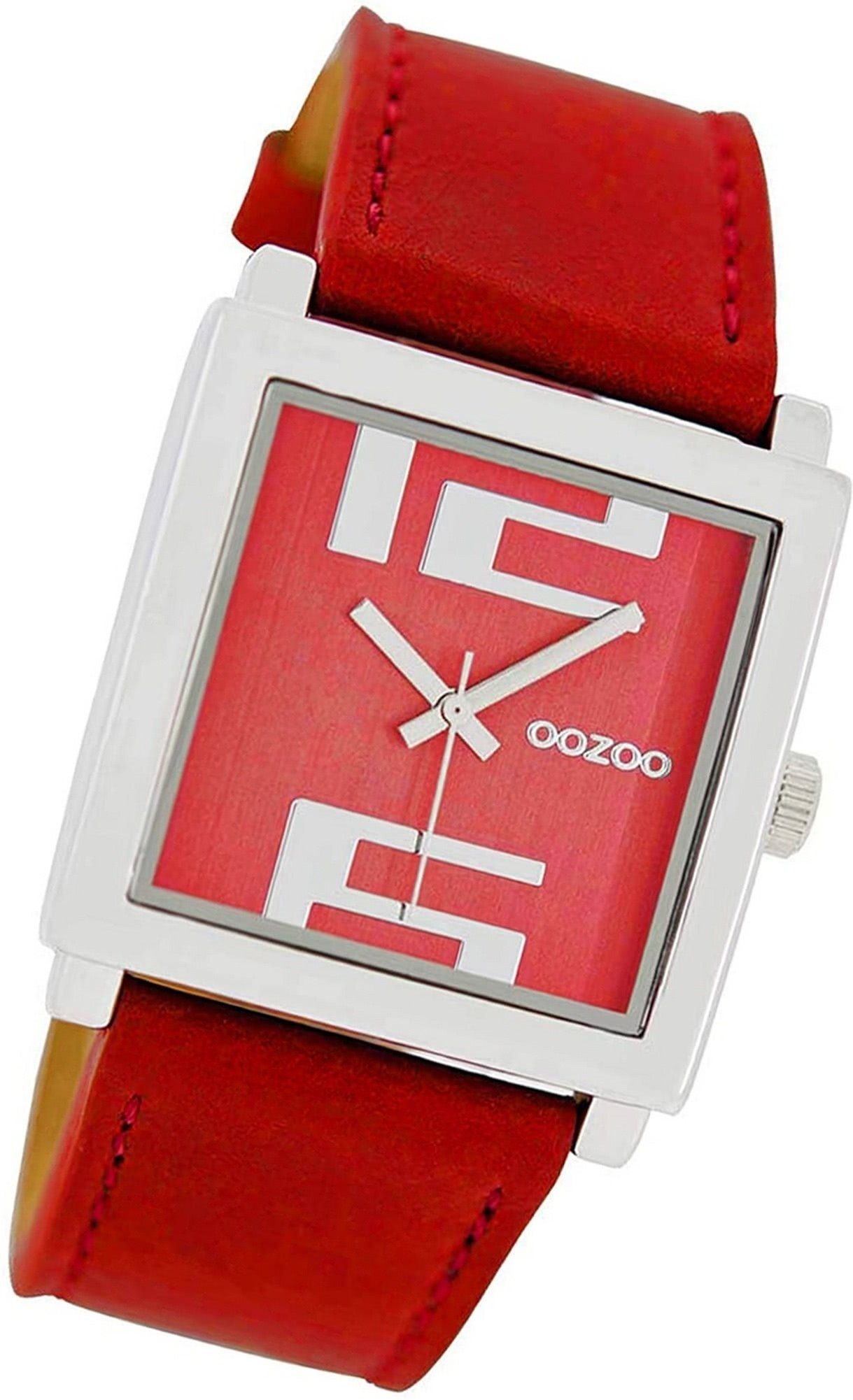 OOZOO Quarzuhr Oozoo Leder Damen Uhr C6507 Analog, Damenuhr Lederarmband rot, eckiges Gehäuse, mittel (ca. 34mm)