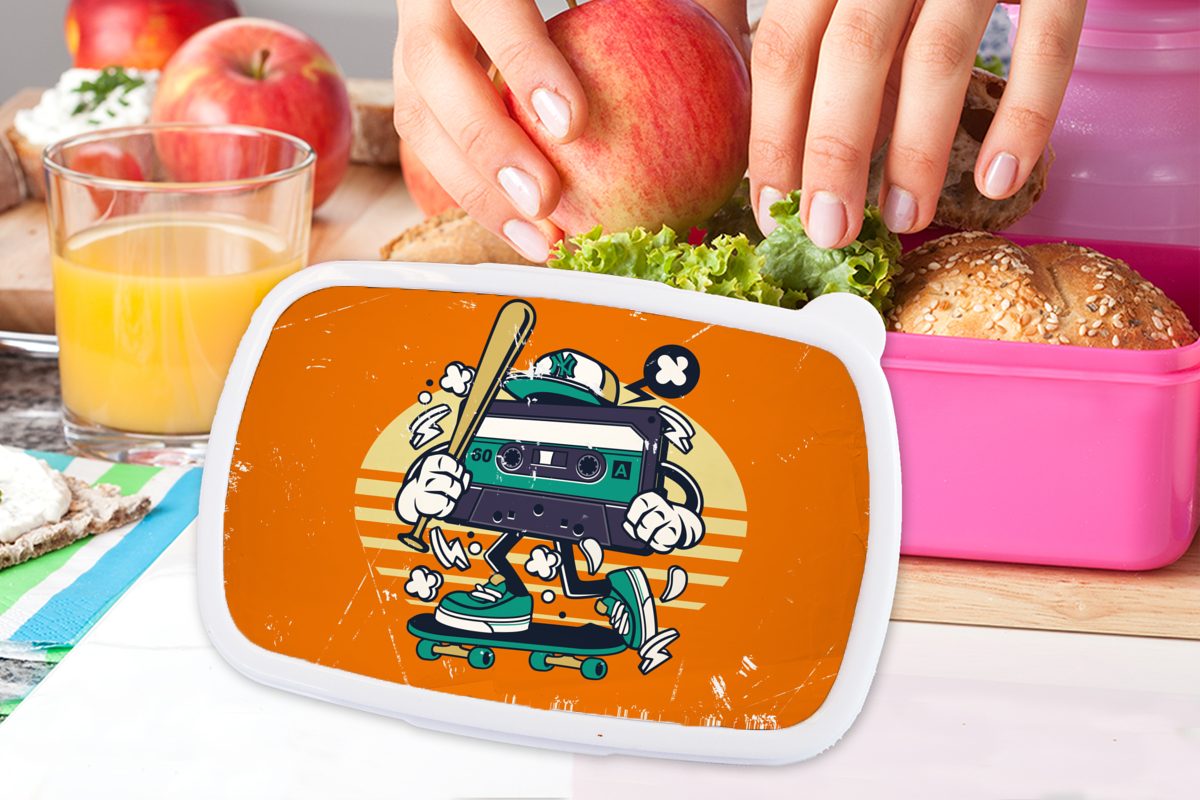 rosa Brotbox Kinder, - Kunststoff (2-tlg), - Erwachsene, Mädchen, Lunchbox Kassette für Skateboard Snackbox, Kunststoff, MuchoWow Vintage, Brotdose