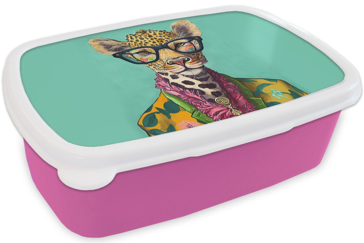 (2-tlg), MuchoWow rosa Brotdose Mädchen, Tiere Design, Kunststoff Lunchbox Blätter Giraffe Erwachsene, - - für Kunststoff, Brotbox Brille - Kinder, Snackbox, -
