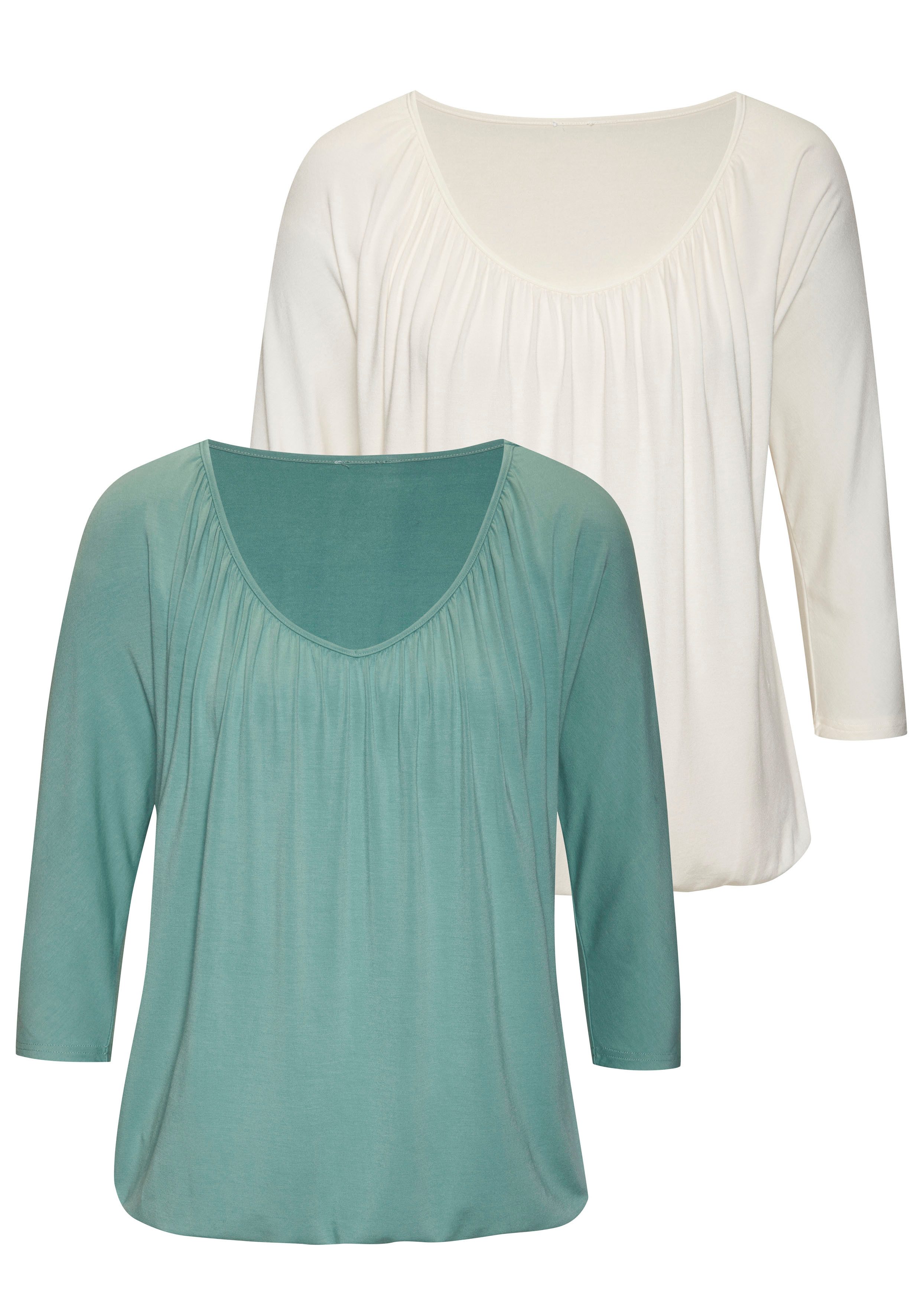Lascana 3/4-Arm-Shirt mit zarter Raffung am Ausschnitt (2er-Pack) aus luftigem Viskose-Stretch