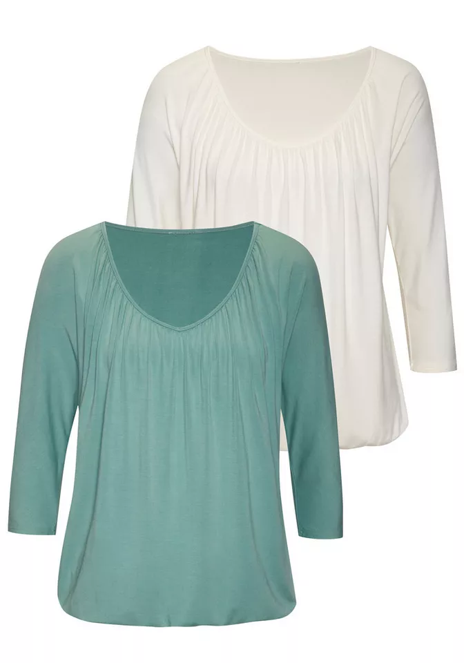 Lascana 3/4-Arm-Shirt mit zarter Raffung am Ausschnitt (2er-Pack) aus luftigem Viskose-Stretch