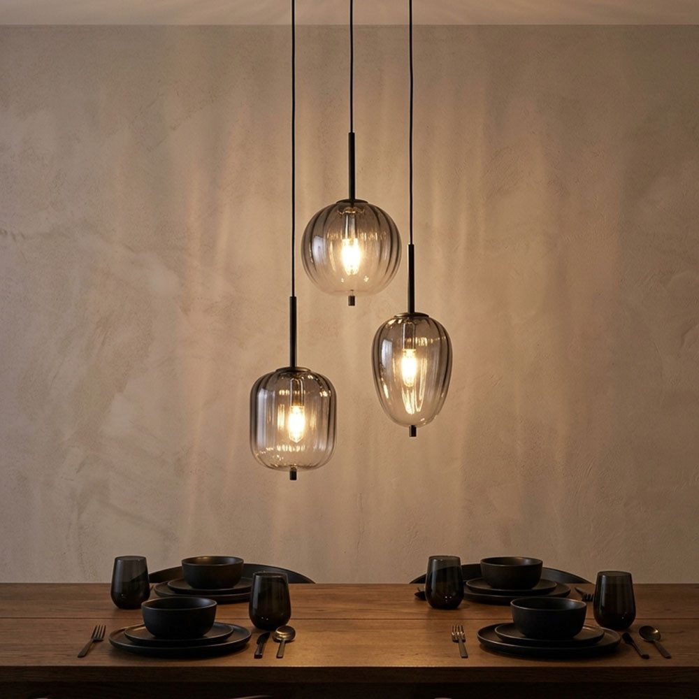 GLOBO LIGHTING Pendelleuchte, Leuchtmittel nicht inklusive, Hängelampe Wohnzimmerleuchte Metall Glas rauch 3 Flammig H 120 cm