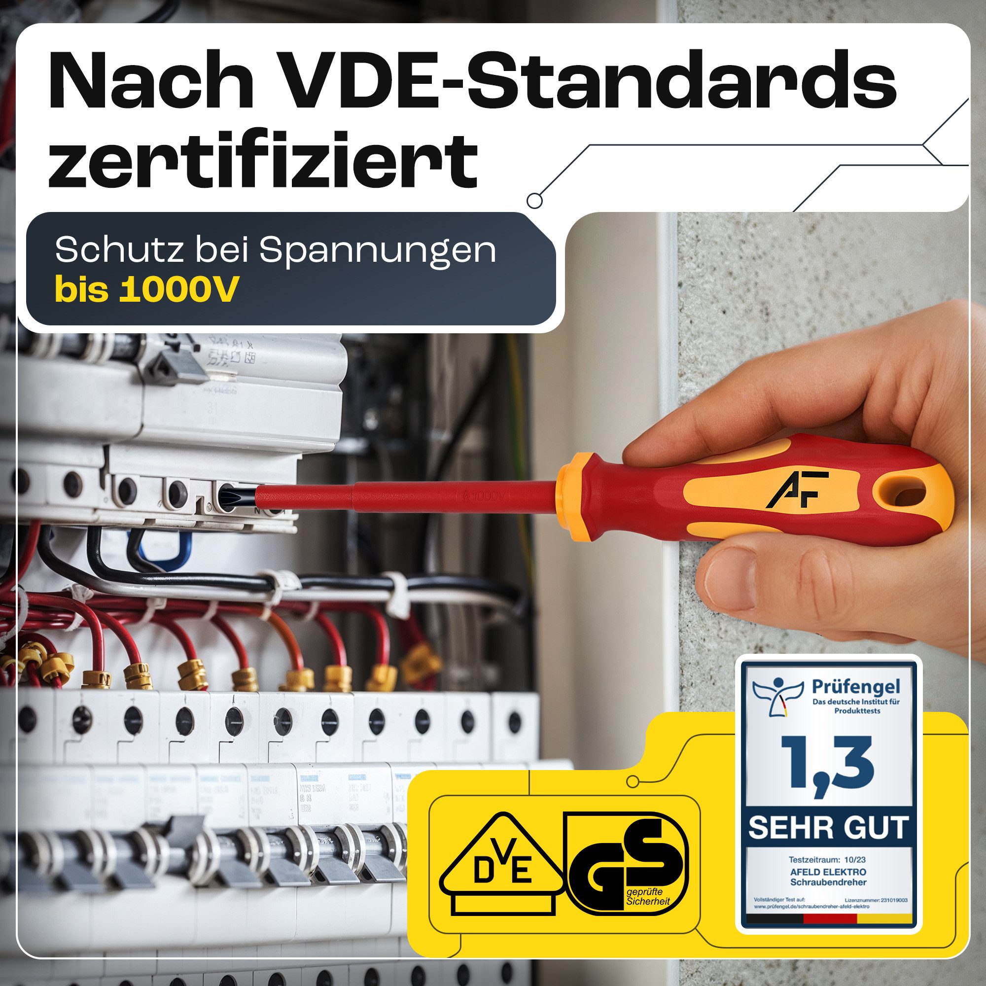 Afeld Elektro Schraubendreher VDE Elektriker 6er Set, (6 St), bis 1.000V, S2-Stahl, Ergonomisch, Magnetisch, 2-Komponenten-Griff