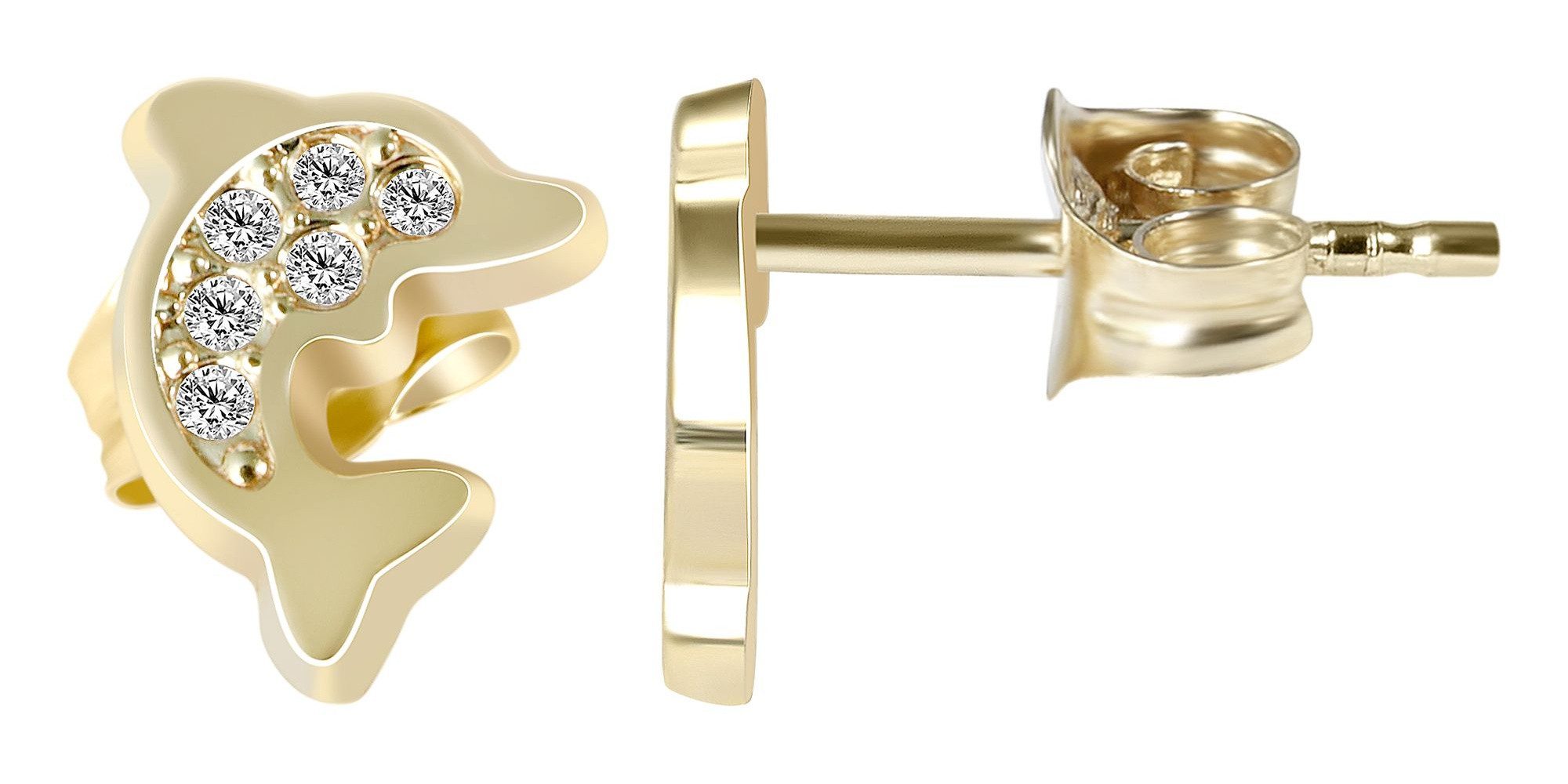 Paar Ohrhänger Ohrringe – Ohrstecker Delfin aus 333 Gold mit Zirkonia