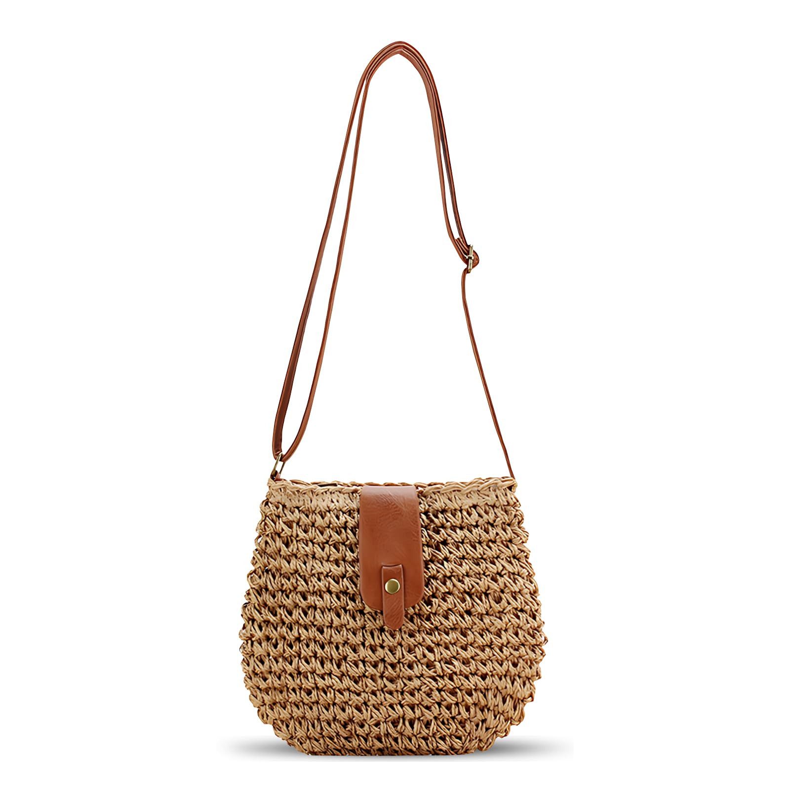 Bwecuy Umhängetasche Damen Strohtasche Boho Sommer Strandtasche mit Reißverschluss, Kleine Crossbody Schultertasche handgeflochten für Urlaub, Beach