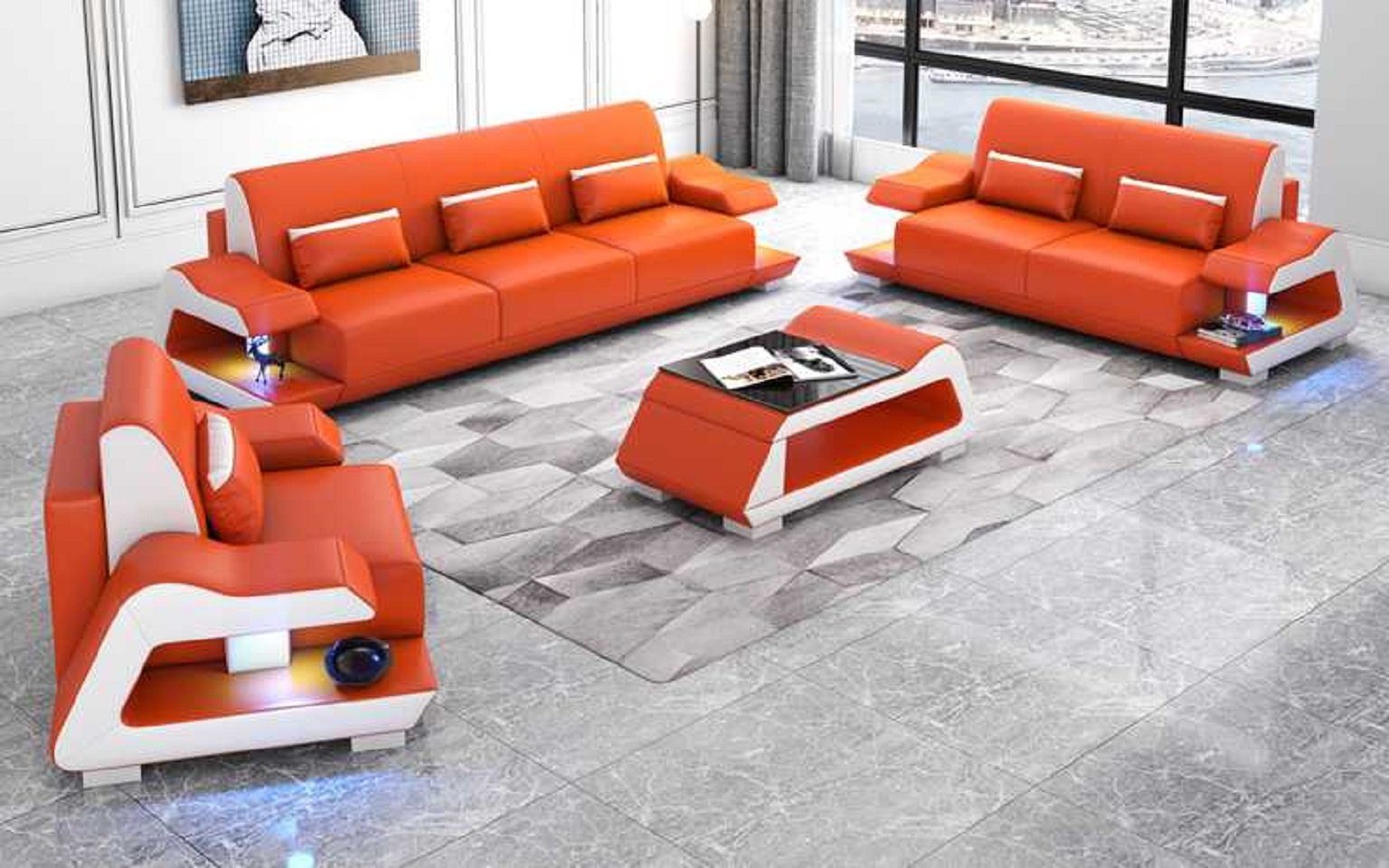 JVmoebel Wohnzimmer-Set Couchgarnitur Sofagarnitur Sofas Sessel 3tlg Set 3+2+1, (3-St., Nur Sofa 2+3 Sitzer + Sessel), Made in Europe Orange
