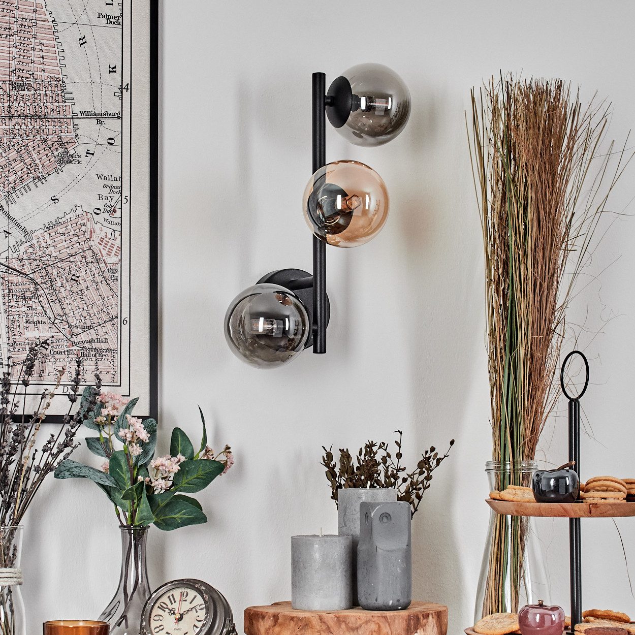 hofstein Wandleuchte Wandlampe aus Metall/Glas in Schwarz/Rauch-/Bernsteinfarben, ohne Leuchtmittel, moderne Wandleuchte im Retro/Vintage-Design (Schirme 10 cm), G9