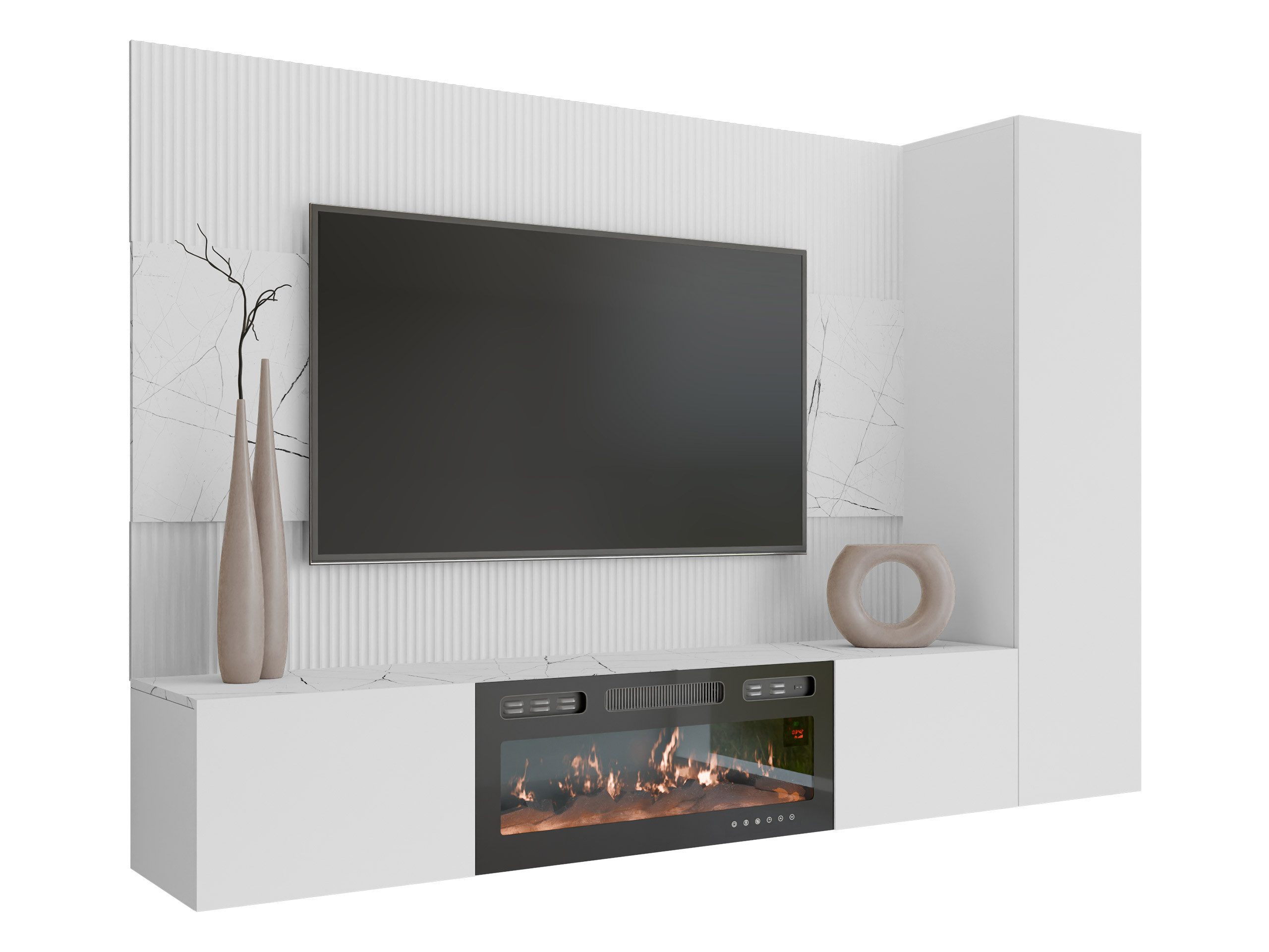 MIRJAN24 Wohnwand Deromi VI mit Kamin, (3er-Set, TV-Lowboard mit Wandpaneel, Hängeschrank), Push to open, Realistische LED-Flamme, Heizfunktion – Bild 2 von 5
