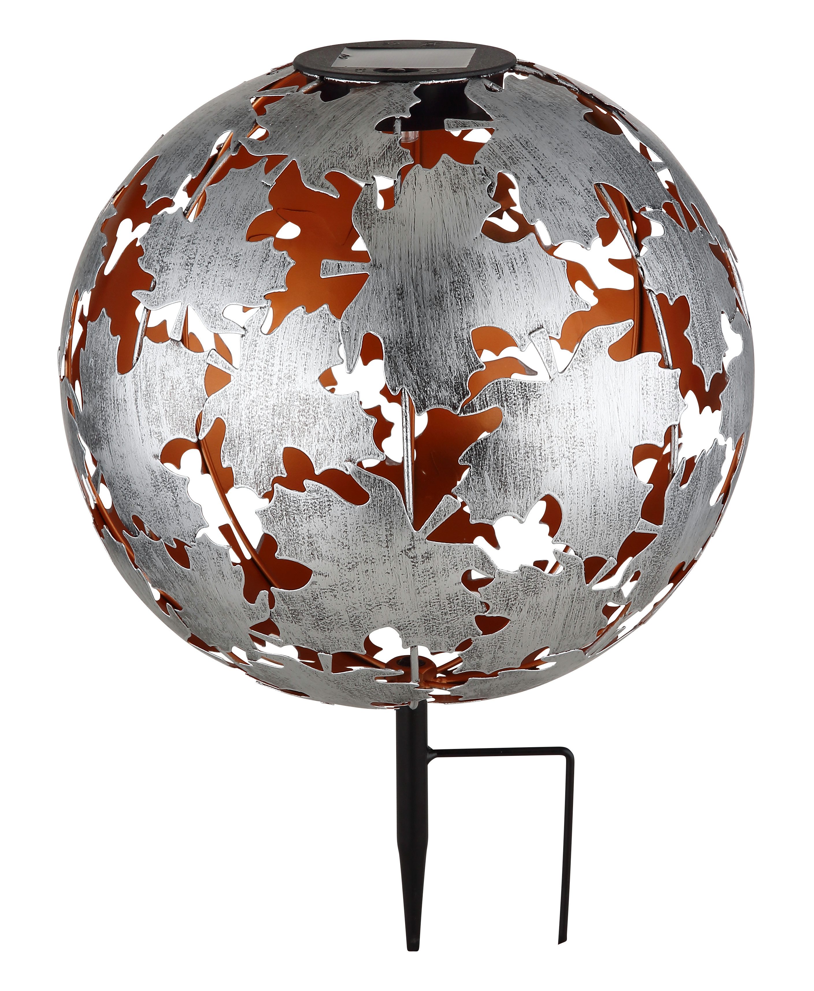 GLOBO LIGHTING LED Solarleuchte SOLARLEUCHTE METALL SILBERGRAU, 1XLED, LED fest integriert, Warmweiß, Solar/IP44/Ahornblätter/Kugel/3000K