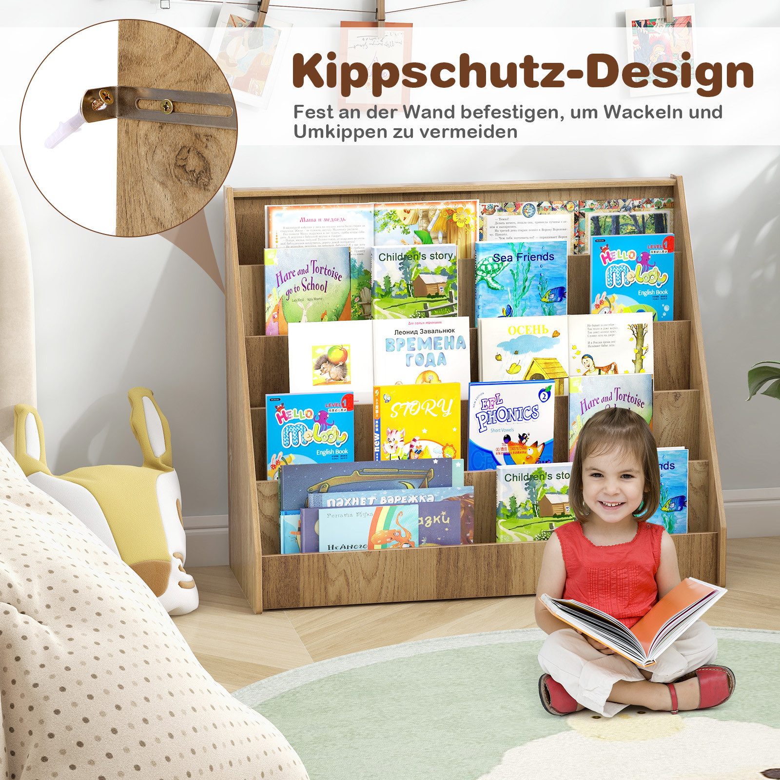 KOMFOTTEU Bücherregal 5-stufiges Kinderregal Montessori Kinderbücherregal, mit tiefen Fächern – Bild 3 von 5