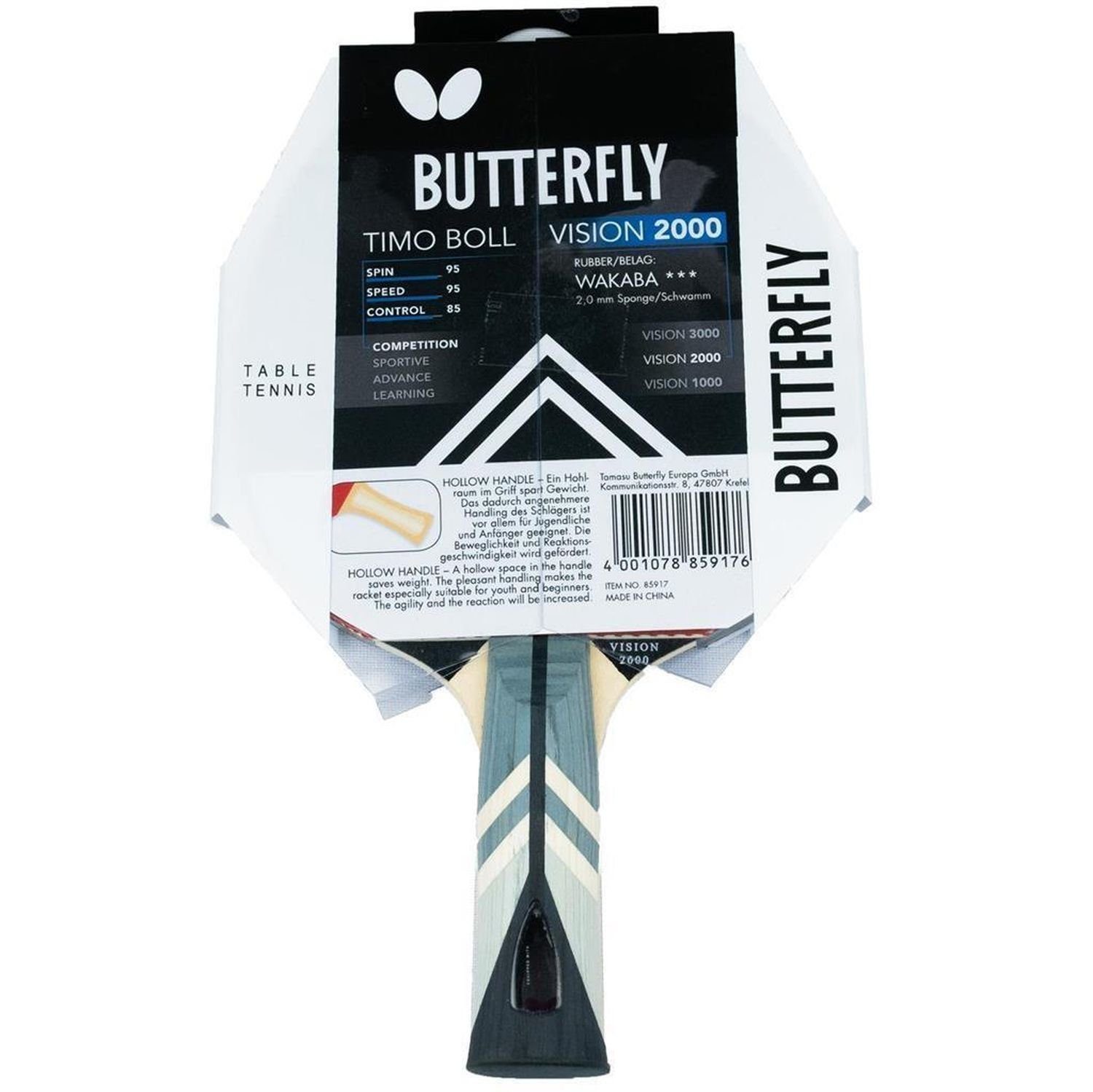 Butterfly Tischtennisschläger 2x Timo Boll Vision 2000 + Cell Case 2 + Bälle, Tischtennis Schläger Set Tischtennisset Table Tennis Bat Racket