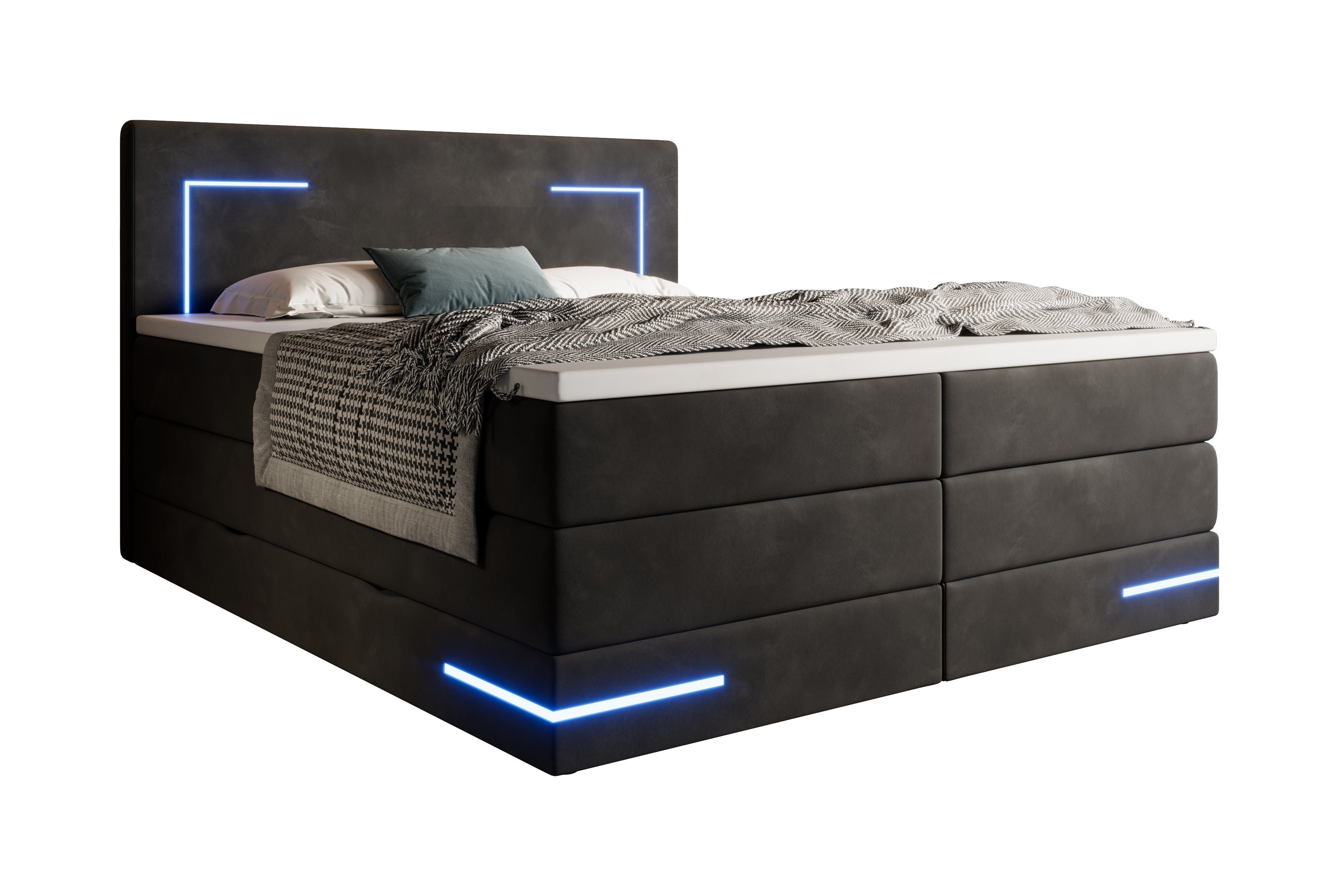 wonello Boxspringbett Detroit 2.0, Samt Bett mit LED Beleuchtung, Bettkasten und Topper