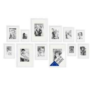 PHOTOLINI Bilderrahmen 12er Set Echtholz 10x15 bis 21x30 cm mit Passepartout, Acrylglas