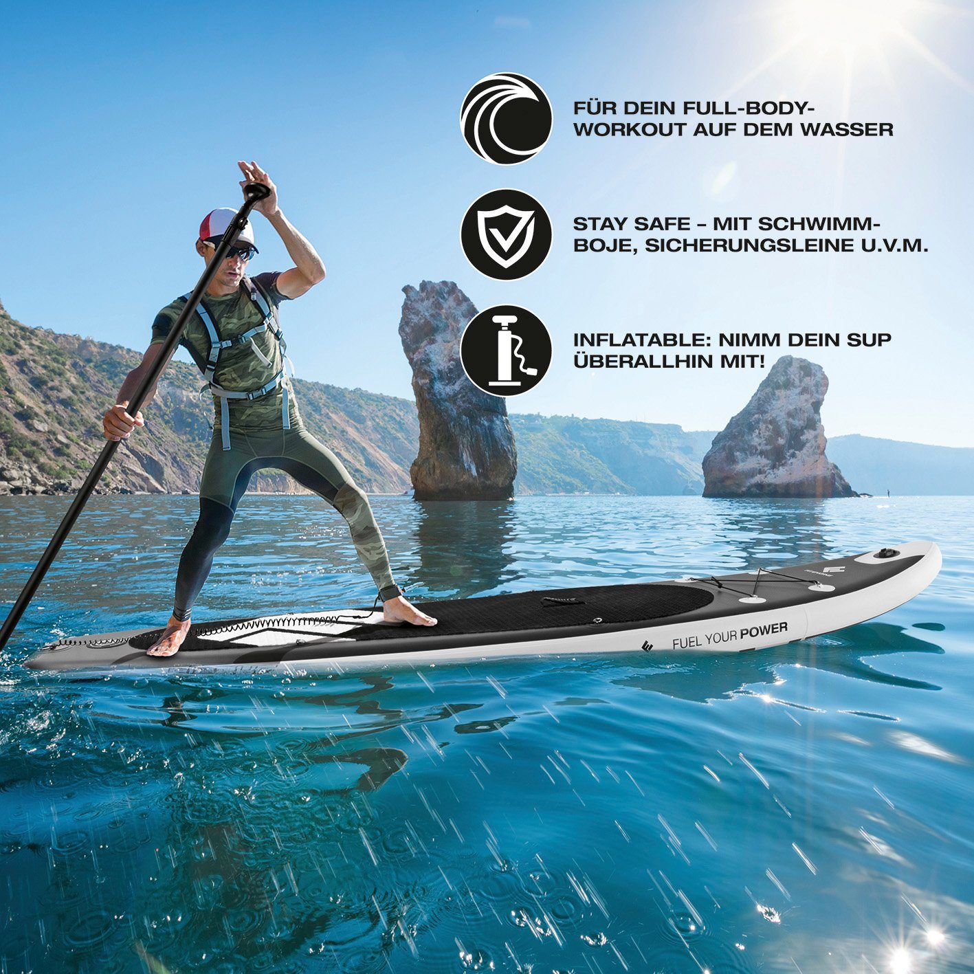 SUP-Board FitEngine Stand 365cm Inflatable 160kg extra Paddle, Up aufblasbar Groß stabil