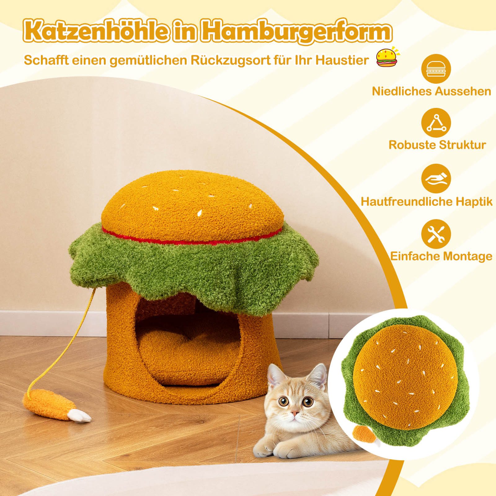 COSTWAY Kratzbaum, Katzenbett, Katzenhaus, mit abnehmbarem Kissen