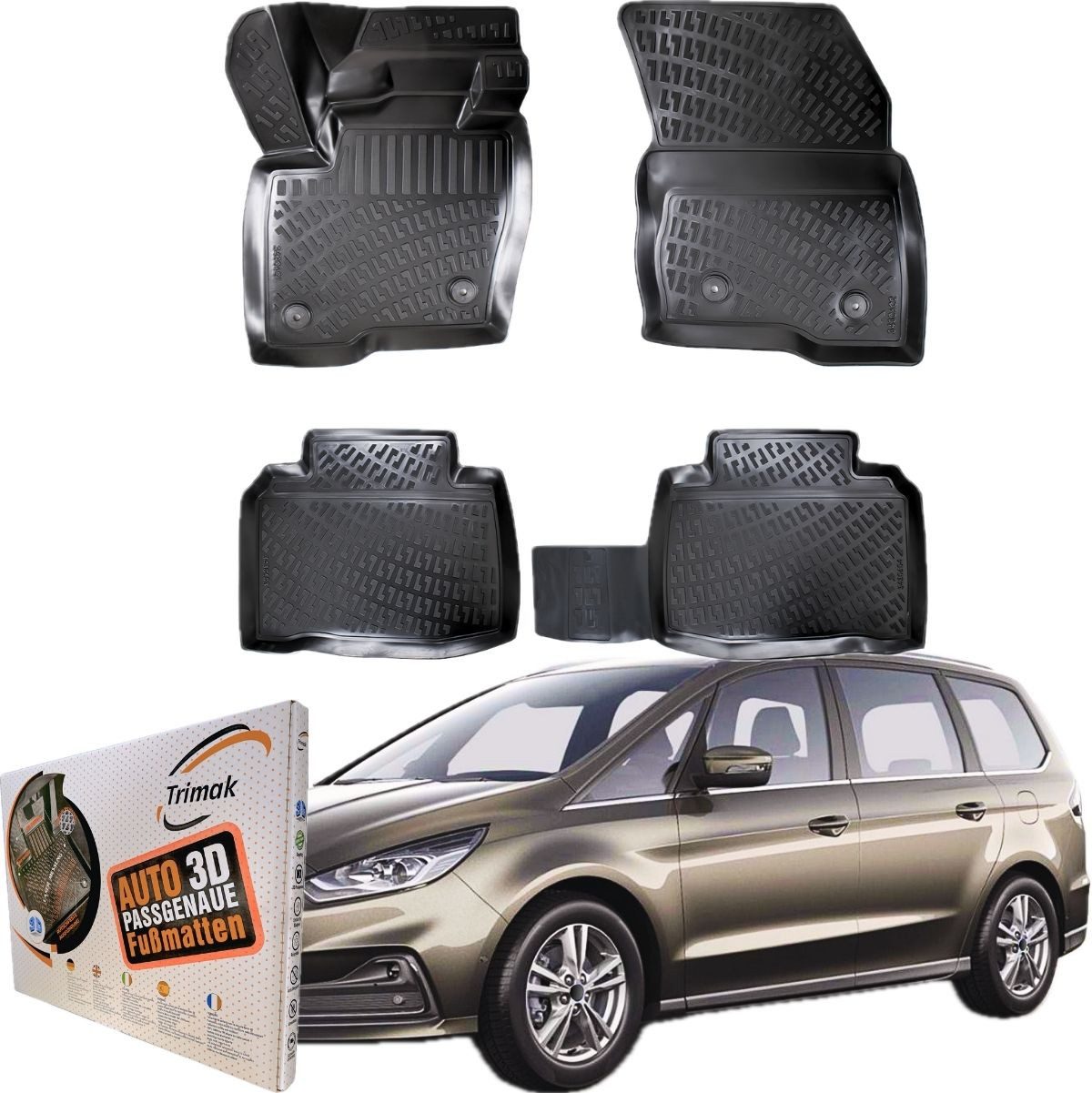 Trimak Auto-Fußmatte Kompatibel mit Ford Galaxy 3. Gen. 2015-2023 3D Auto Gummimatten, Ford Galaxy 3. Gen. 2015-2023 Gummimatten Auto TPE Allwetter