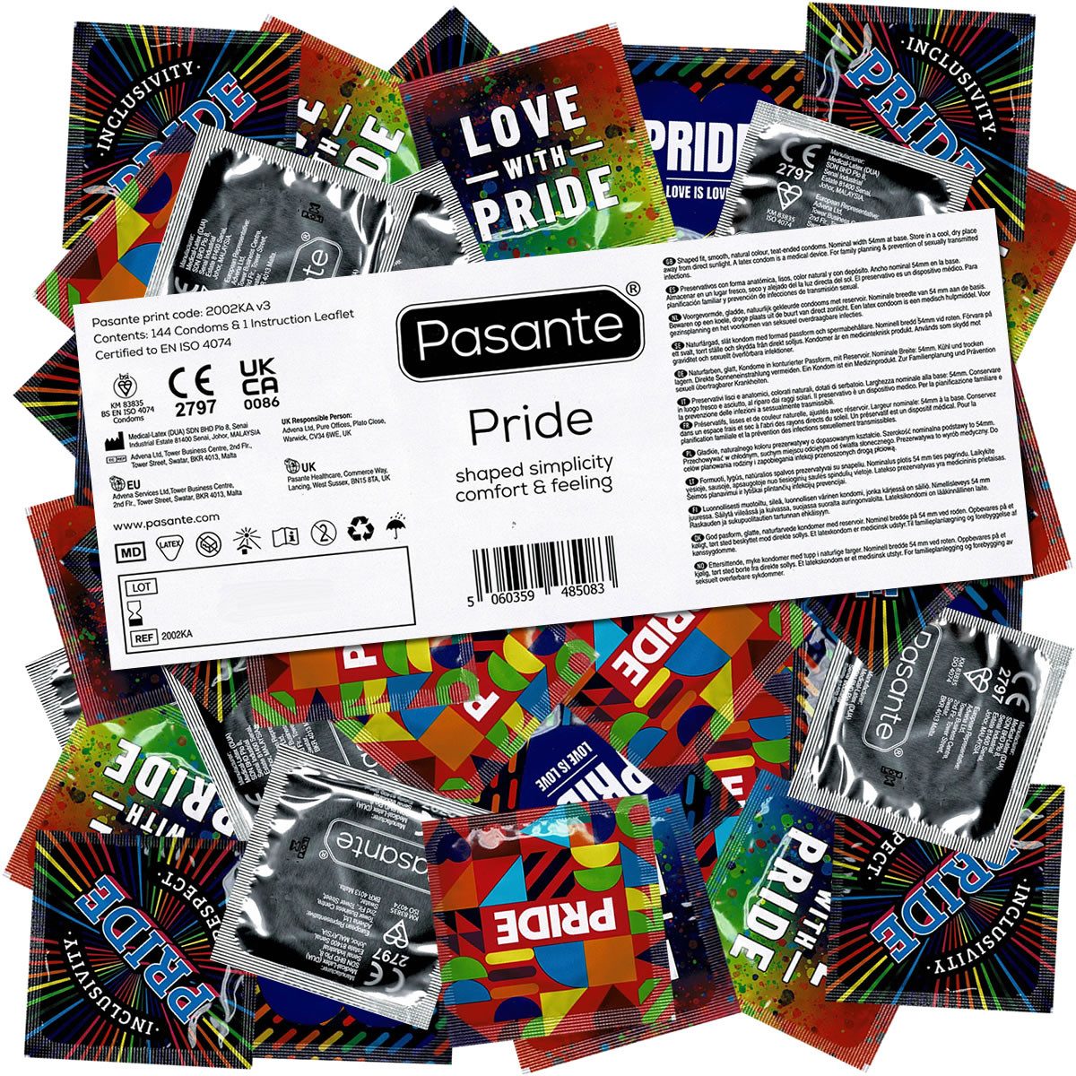 Pasante Kondome Pride (Motivkondome mit freizügiger Comfort-Form) Packung mit, 144 St., Gaypride Kondome, bedruckte Siegelfolien