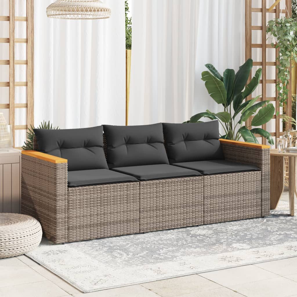 vidaXL Gartenbank NA Gartenbank Gartensofa Loungesofa mit Kissen 3-Sitzer Grau Polyratta