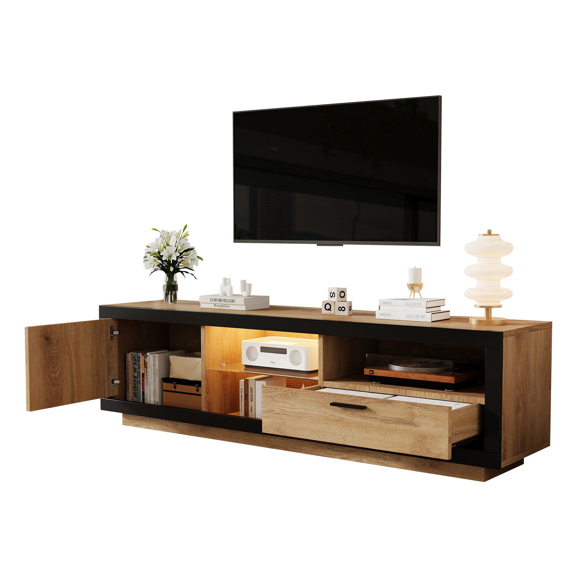 Merax Lowboard mit LED-Beleuchtung, in Schwarz & Eiche (1 St), TV-Schrank mit Glasablagen und Stauraum, 160x40x50cm