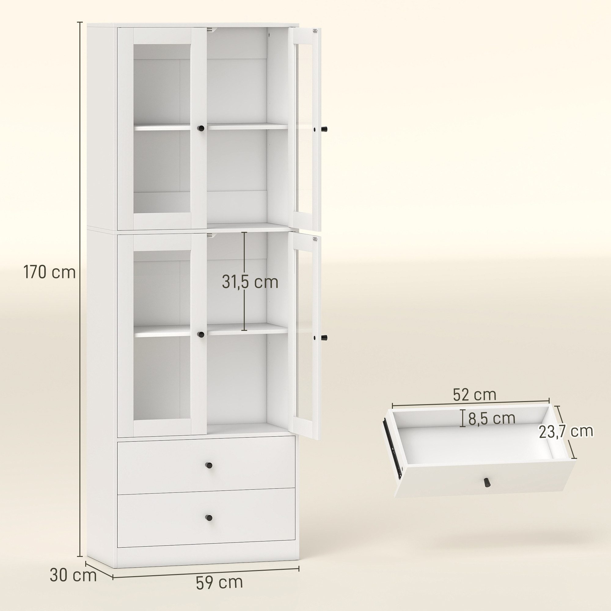 HOMCOM Küchenbuffet 170 cm hoher Küchenschrank (moderner Küchenaufbewahrungsschrank, 1-St., mit 4 Glastüren, Schubladen, verstellbaren Regalen) 59 x 30 x 170 cm, Weiß