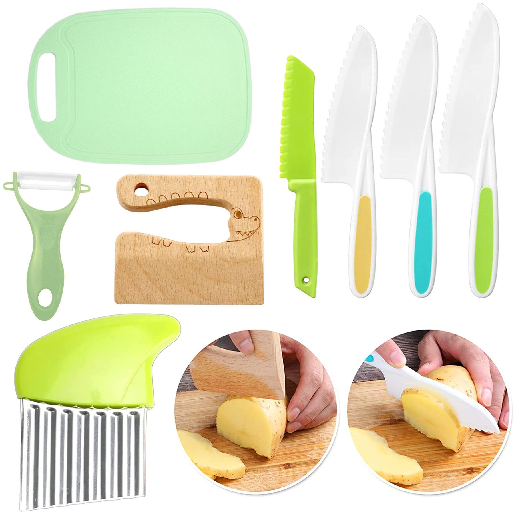 CALIYO Kinderkochmesser 8 teiliges Kinder Küchenmesser-Set für echtes Kochen, mit Sicheres Küchenmesser, Holzmesser, Schneidebrett etc