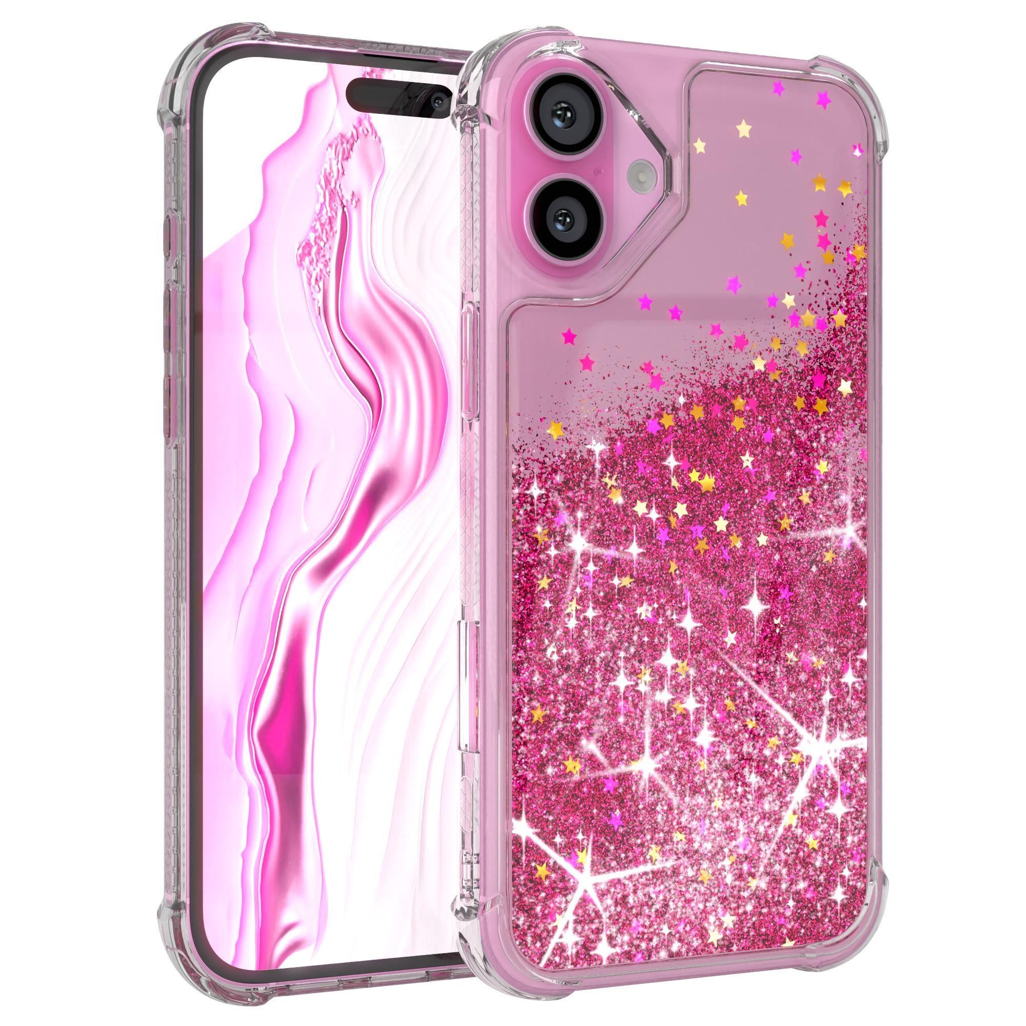 EAZY CASE Handyhülle Liquid Glittery Case für Apple iPhone 16 Plus 6,7 Zoll, Glitzerhülle Shiny Slimcover stoßfest Durchsichtig Bumper Case Pink