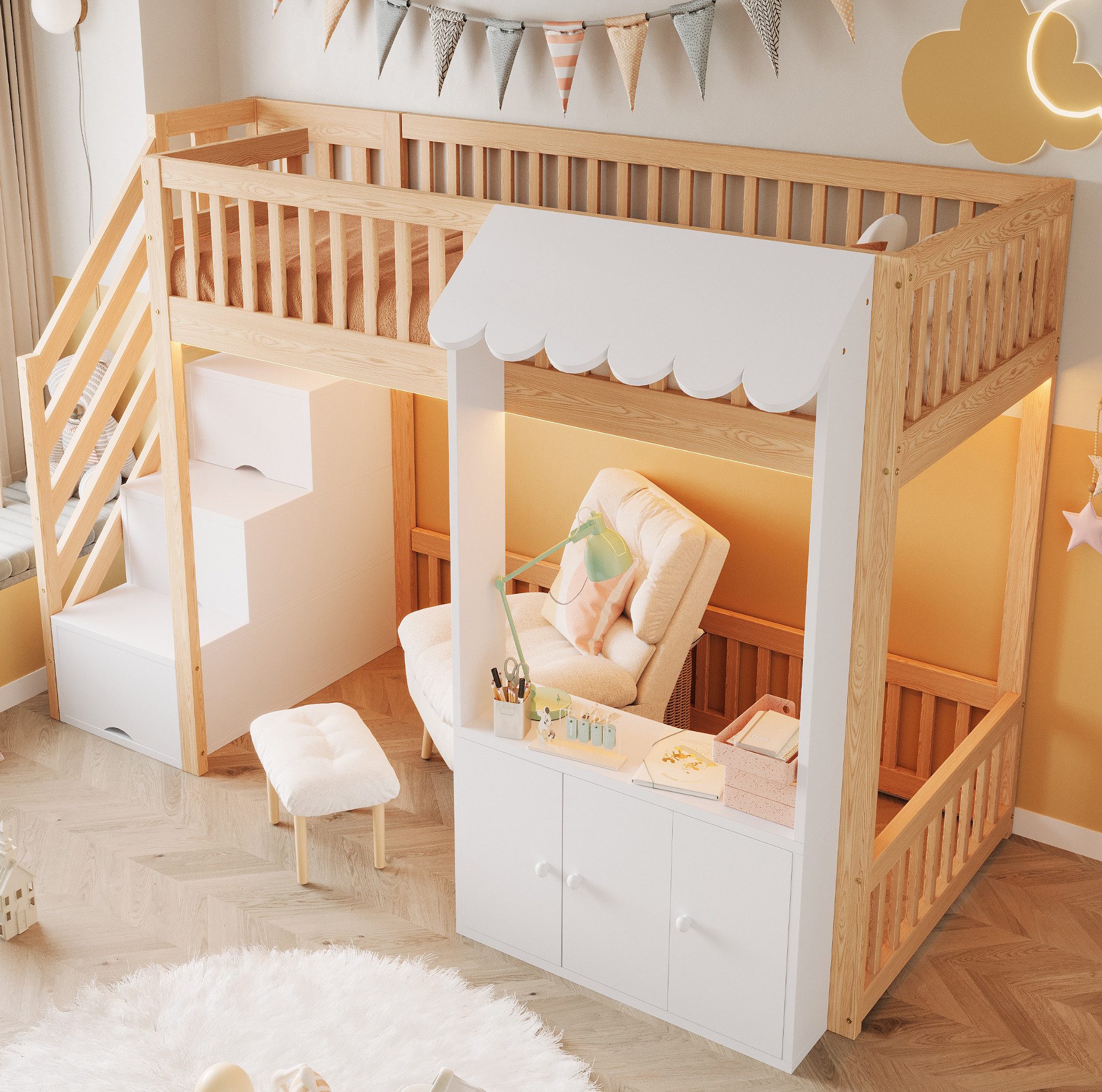 OKWISH Hochbett Jugendbett Funktionsbett (mit Stauraumtreppe, Stauraumschrank, mehrfarbiger LED-Lichtleiste und Traufendesign, inklusive Lattenrost, 90×200 cm) ohne Matratze