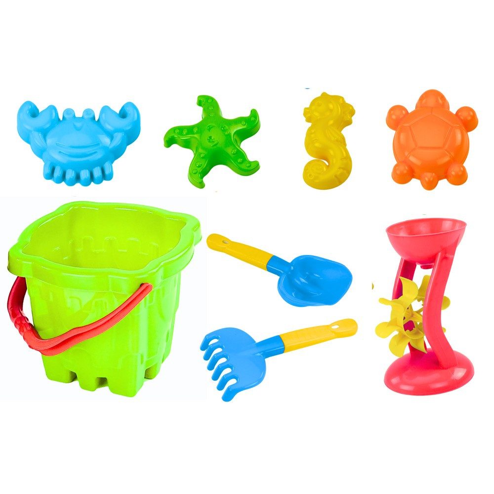 Generic Sandmühle Sandspielzeug Strandset Sandkastenspielzeug, (Spar-Set, 1-tlg., 26 x 16,5 x 14 cm bunt), 9-teilig, Burgeimer, Formen, Sieb, CE/EN71-geprüft
