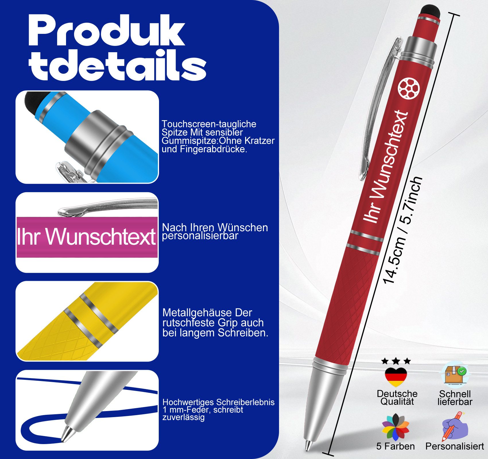 lindahandel Kugelschreiber Personalisierter Kugelschreiber mit Gravur, individueller Name Text, (10-tlg), blaue Tinte, Geschenk für Geburtstag Büro,Metall Kugel – Bild 5 von 5