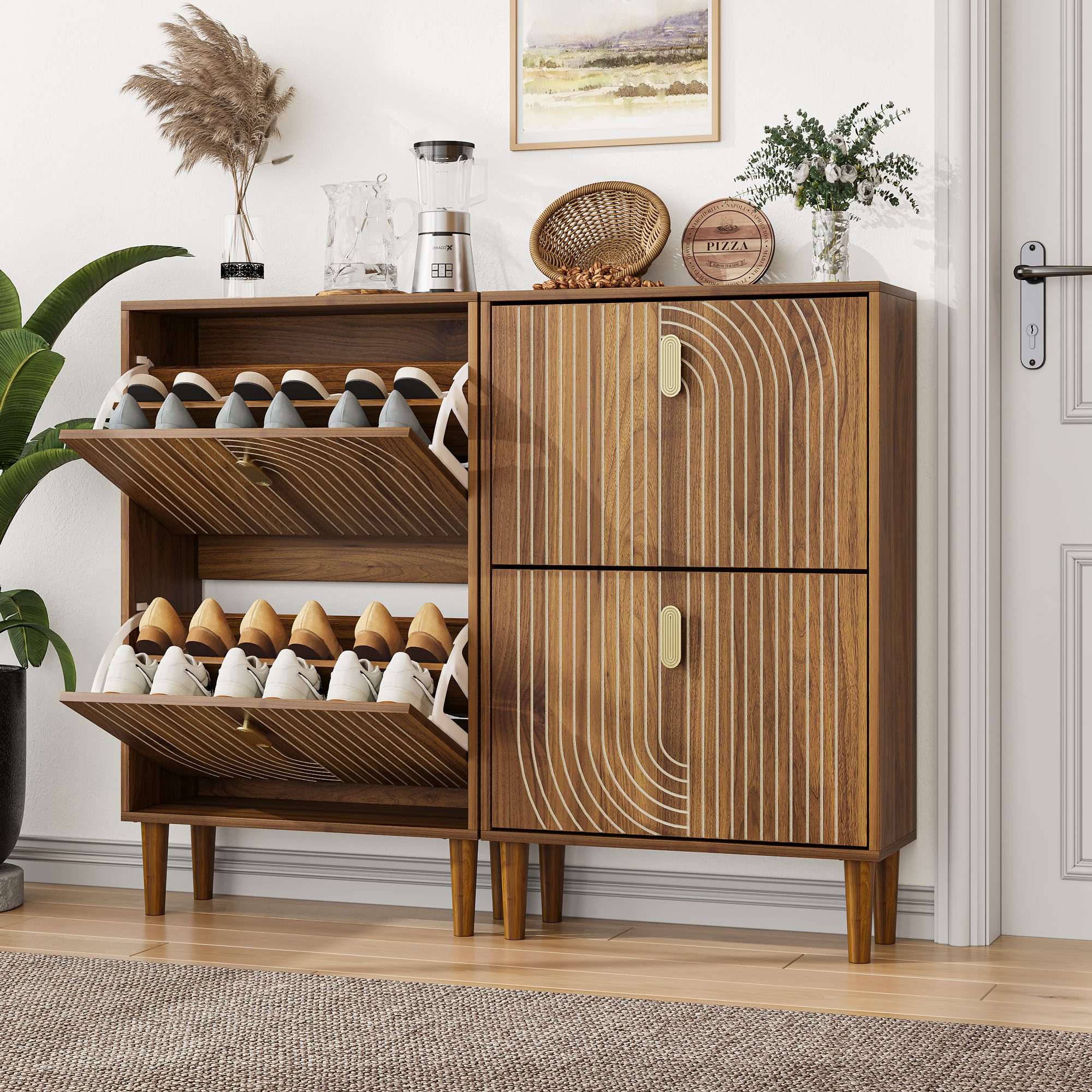 i@home Schuhschrank Dielenschrank 60 cm Rillenoptik (mit Klapptüren, 2 aufklappbare Schubladen, freistehender, 1-St., Schuhaufbewahrungsschrank) Schuhturm für F – Bild 3 von 5