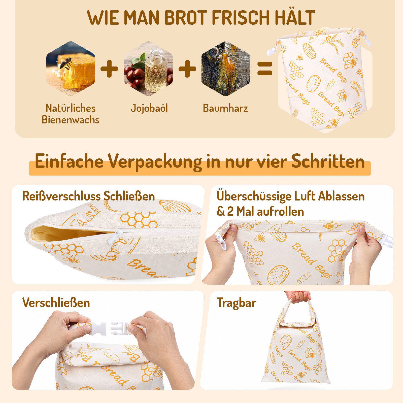 JOYOLEDER Brottasche Bienenwachs Brotbeutel 2 Stück, 43×34 cm Wiederverwendbar, (für Brot, Brotbeutel Aufbewahrung Frischhalten, mit Reißverschluss, zur Aufbewa – Bild 4 von 5