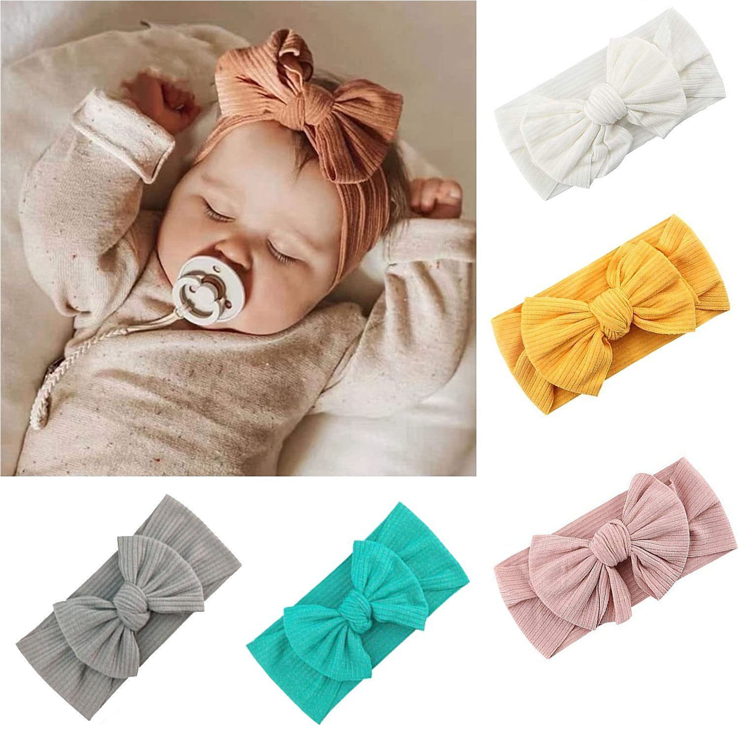 KINSI Diadem 5 Stück Baby-Stirnband mit Schleifenverzierung, breiter Rand, 17*8cm (5-tlg), Ideal als Baby-Geschenk für Feste, Geburtstage, Feiertage und Partys